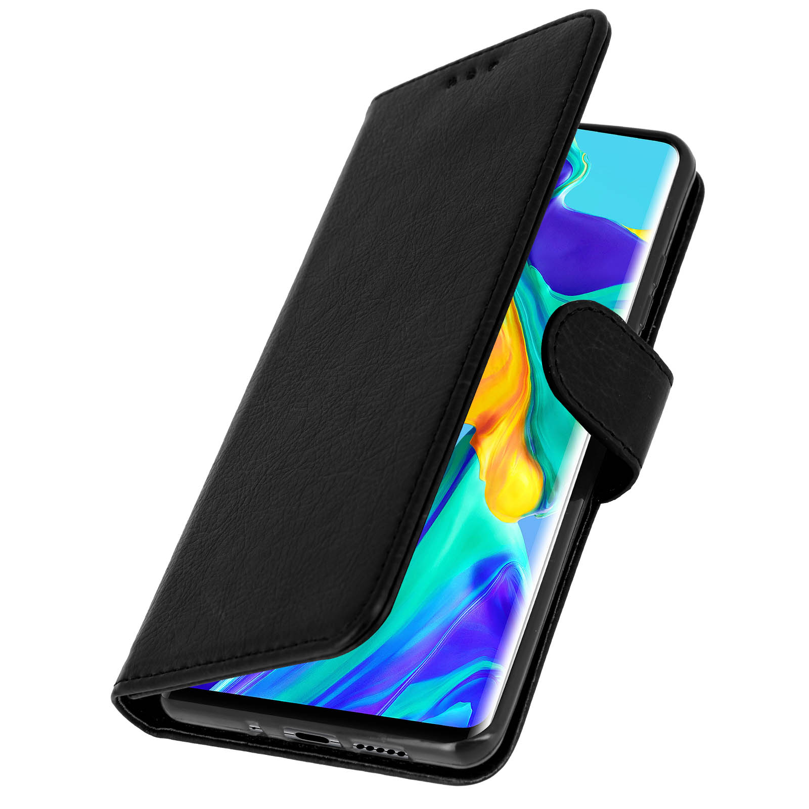 Telefono nero in una custodia nera. La custodia è aperta, mostrando un telefono con schermo a colori.