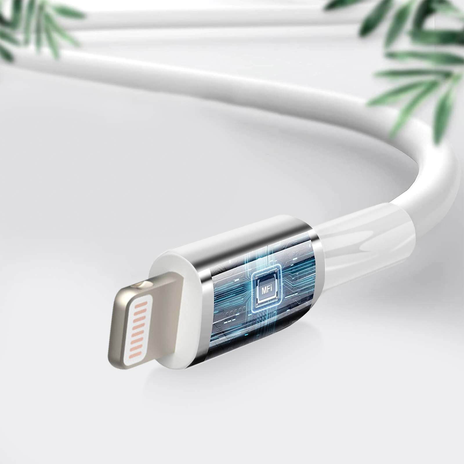 Cavo bianco con connettore Lightning e l'altra estremità. Logo MFI sul connettore.