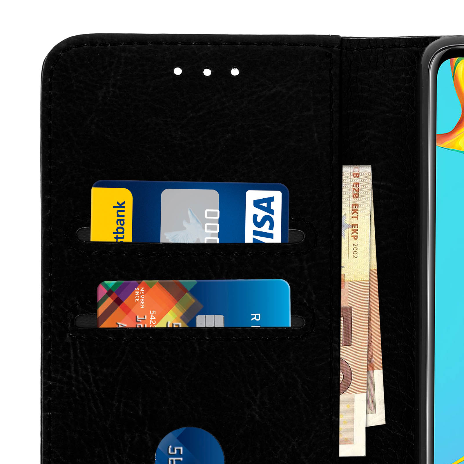 Interno di una custodia a portafoglio nera, con carte di credito e contanti visibili.