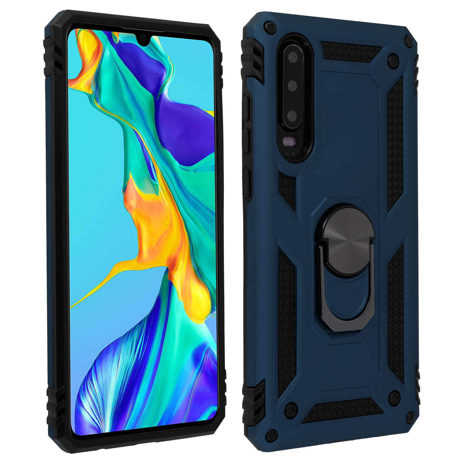 Blauwe en zwarte telefoonhoes. De telefoonhoes heeft een ringhouder. De telefoon zit erin.
