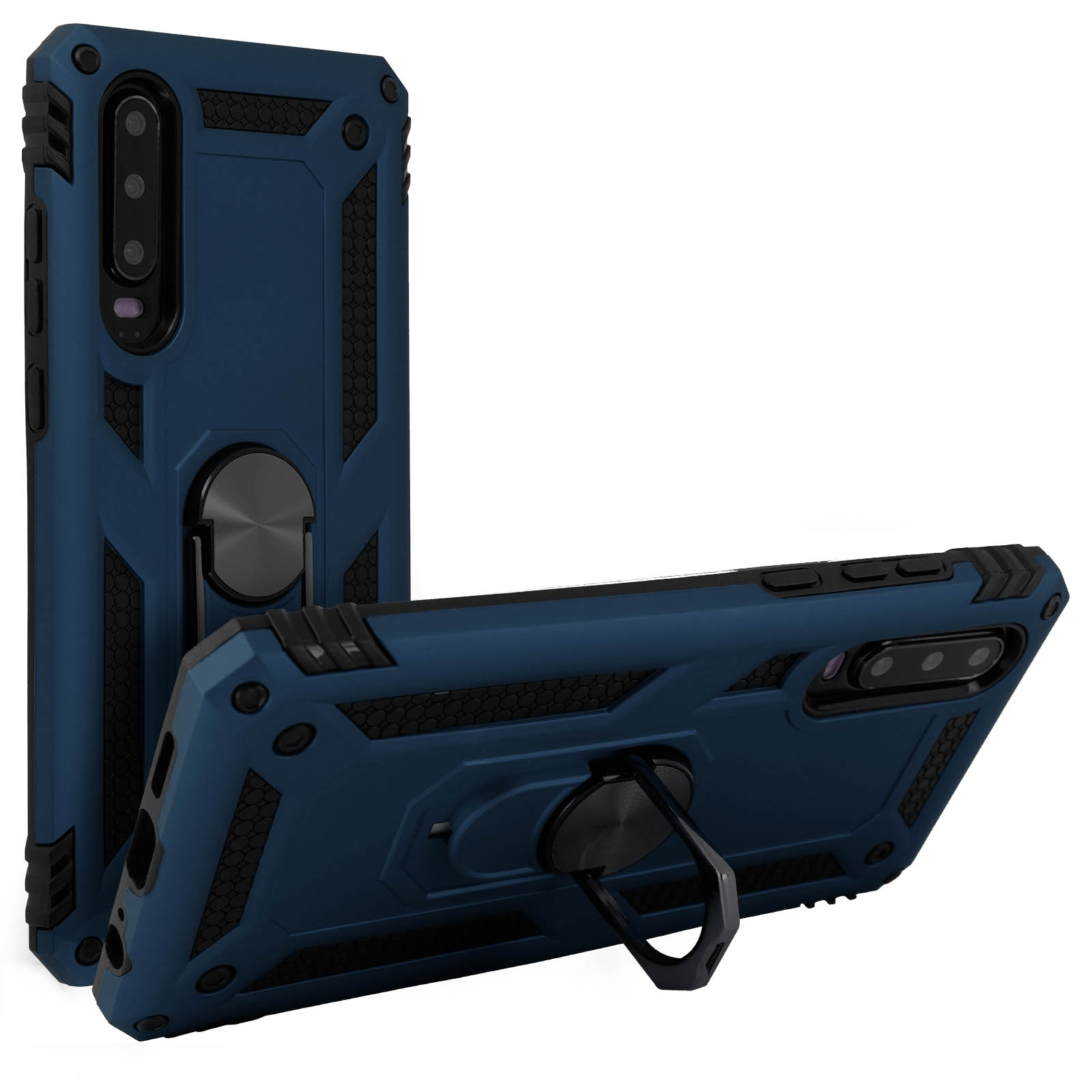 Twee blauwe telefoonhoesjes. De achtergrond is een wit oppervlak.