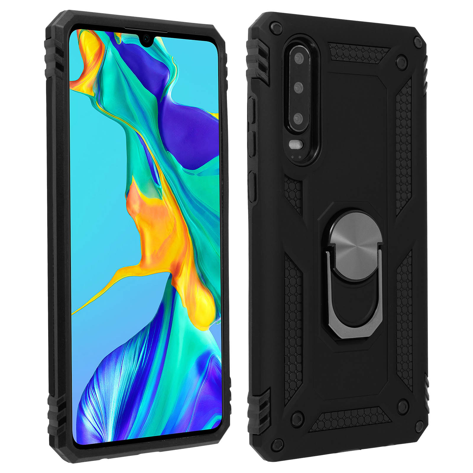 Zwarte telefoon met hoesje. Zwarte hoes met zilveren ring. Witte achtergrond.