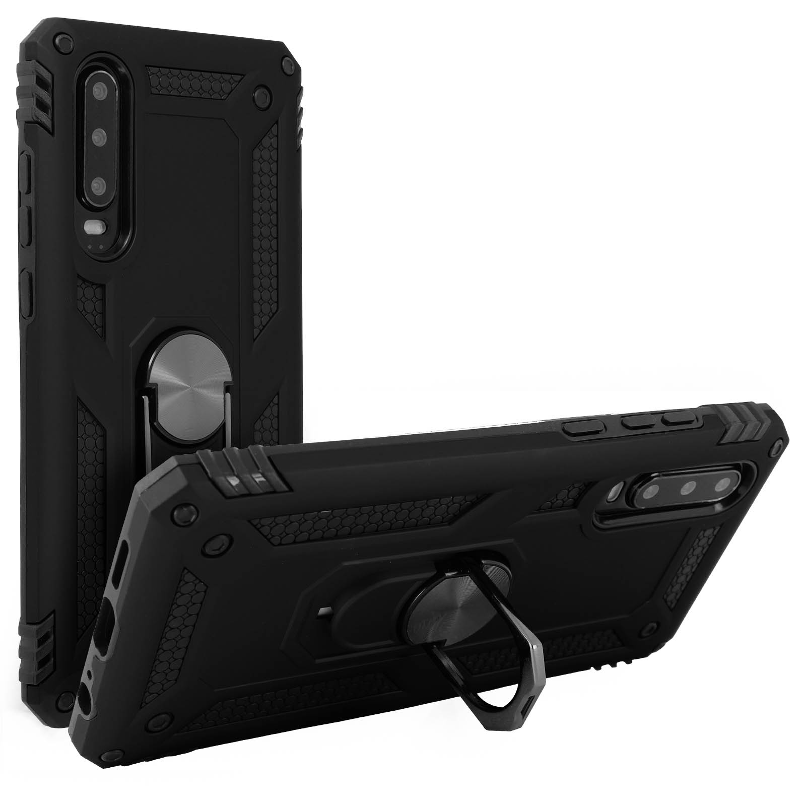 Deux coques de téléphone noires, une droite, une inclinée. Les deux ont des supports.
