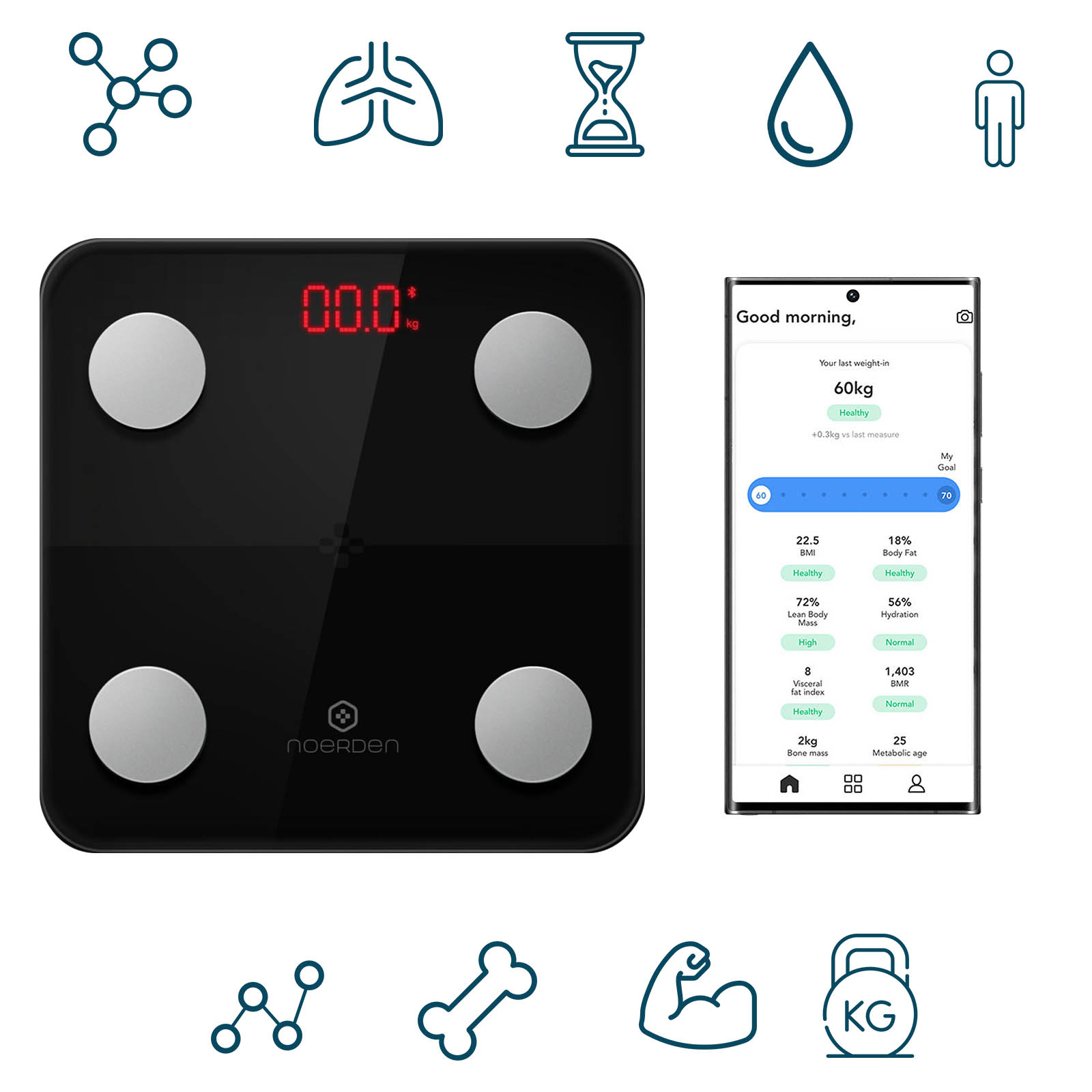 Schwarze Smart-Waage und Telefon mit Gesundheitsdatenanzeige, umgeben von Symbolen.