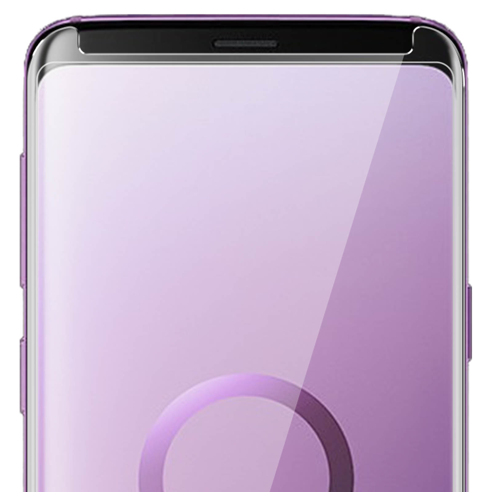 Primo piano di uno schermo del telefono. Lo schermo è viola con un cerchio al centro.