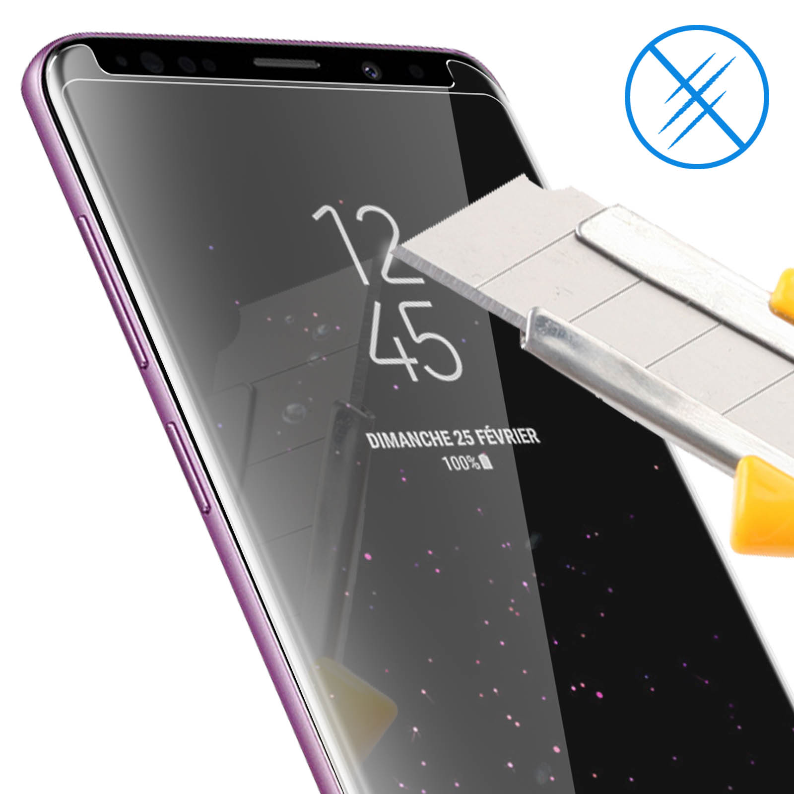 Schermo del telefono con protezione e taglierino. Lo schermo mostra l'ora e la data: 12:45, Dimanche 25 Février.