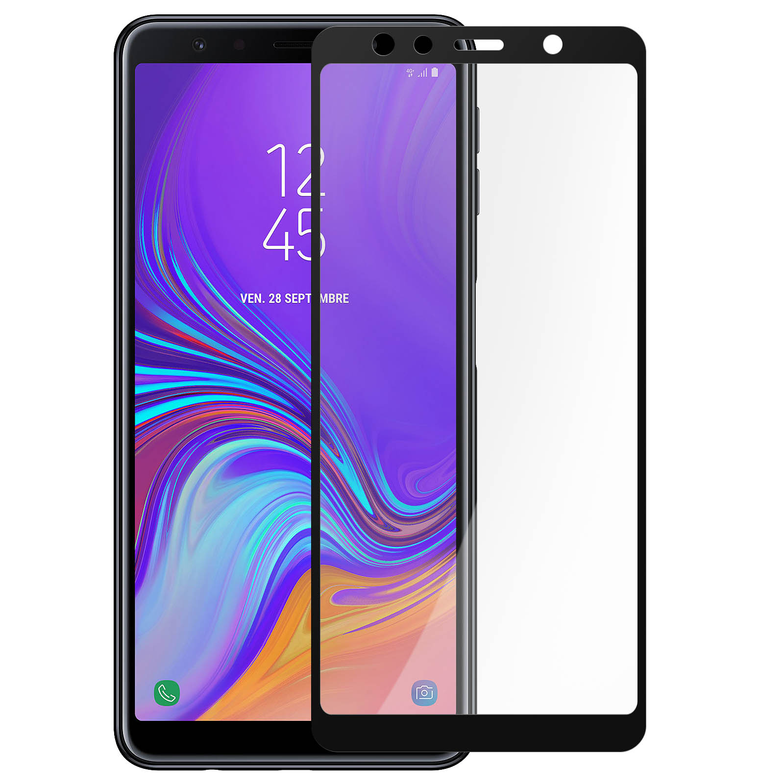 Uno smartphone con una protezione per lo schermo applicata. Lo schermo mostra l'ora 12:45 e la data. La protezione è trasparente e il telefono nero.