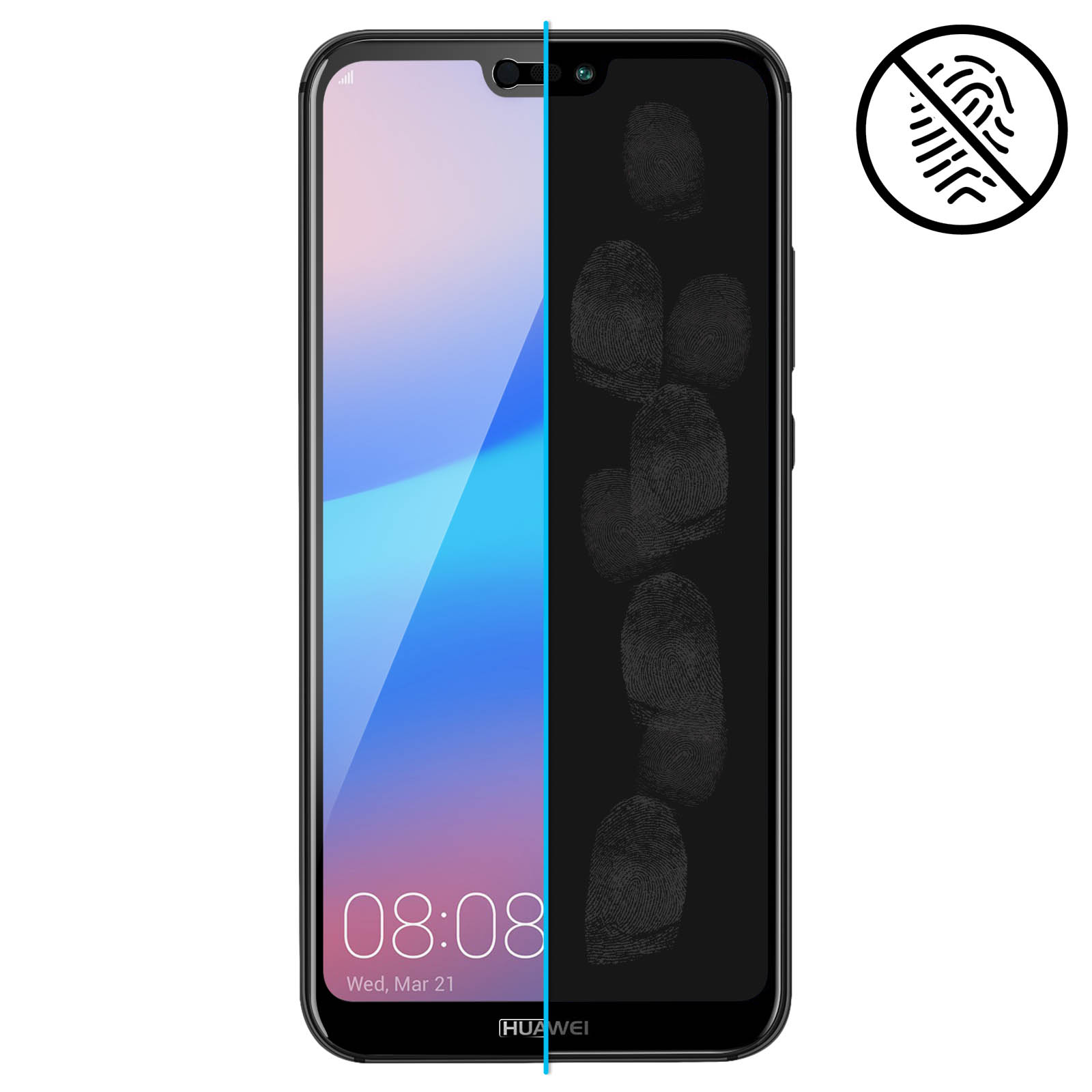 Téléphone noir avec empreintes digitales. Une ligne bleue sépare l'écran.