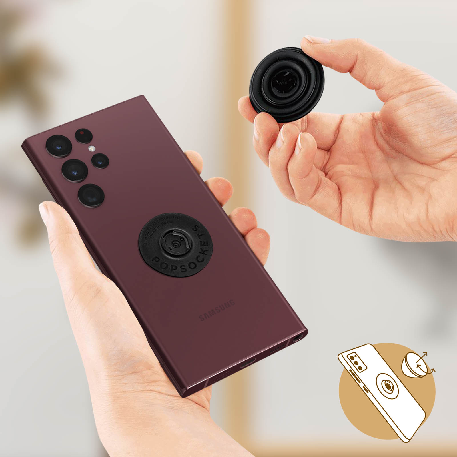 Ein Telefon mit einem PopSocket wird befestigt. Eine Hand hält das Telefon. Ein anderer PopSocket wird gehalten.