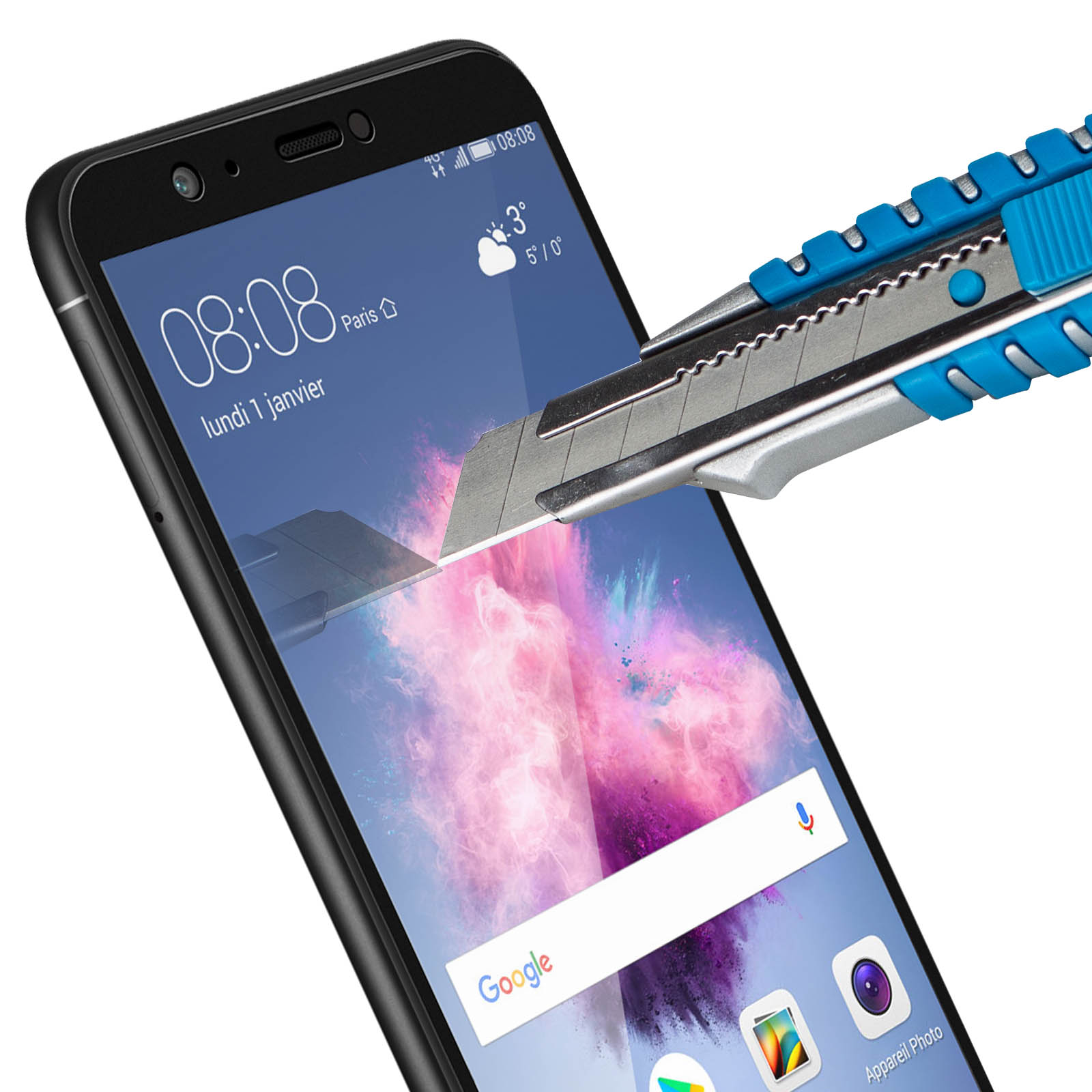 Telefoon en schermbeschermer worden gesneden met een stanleymes. Toont het scherm van de telefoon.