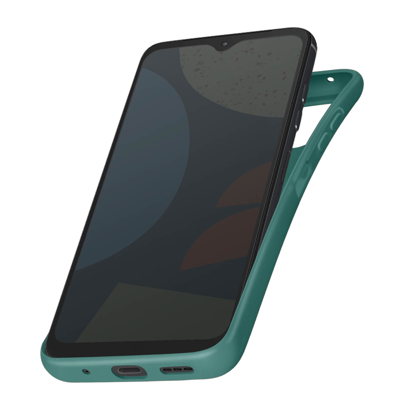 Türkisfarbene Handyhülle, hält ein Telefon. Das Telefon ist in der Hülle. Die Hülle ist auf weißem Hintergrund.