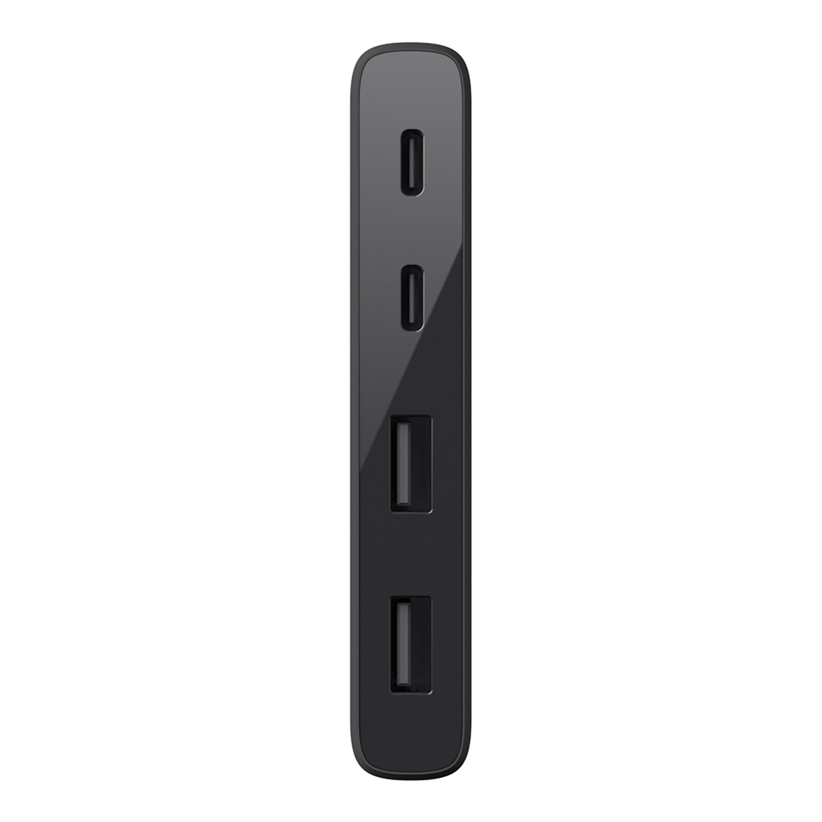 Schwarzer Netzadapter mit mehreren USB-Anschlüssen, freigestellt auf weißem Hintergrund.