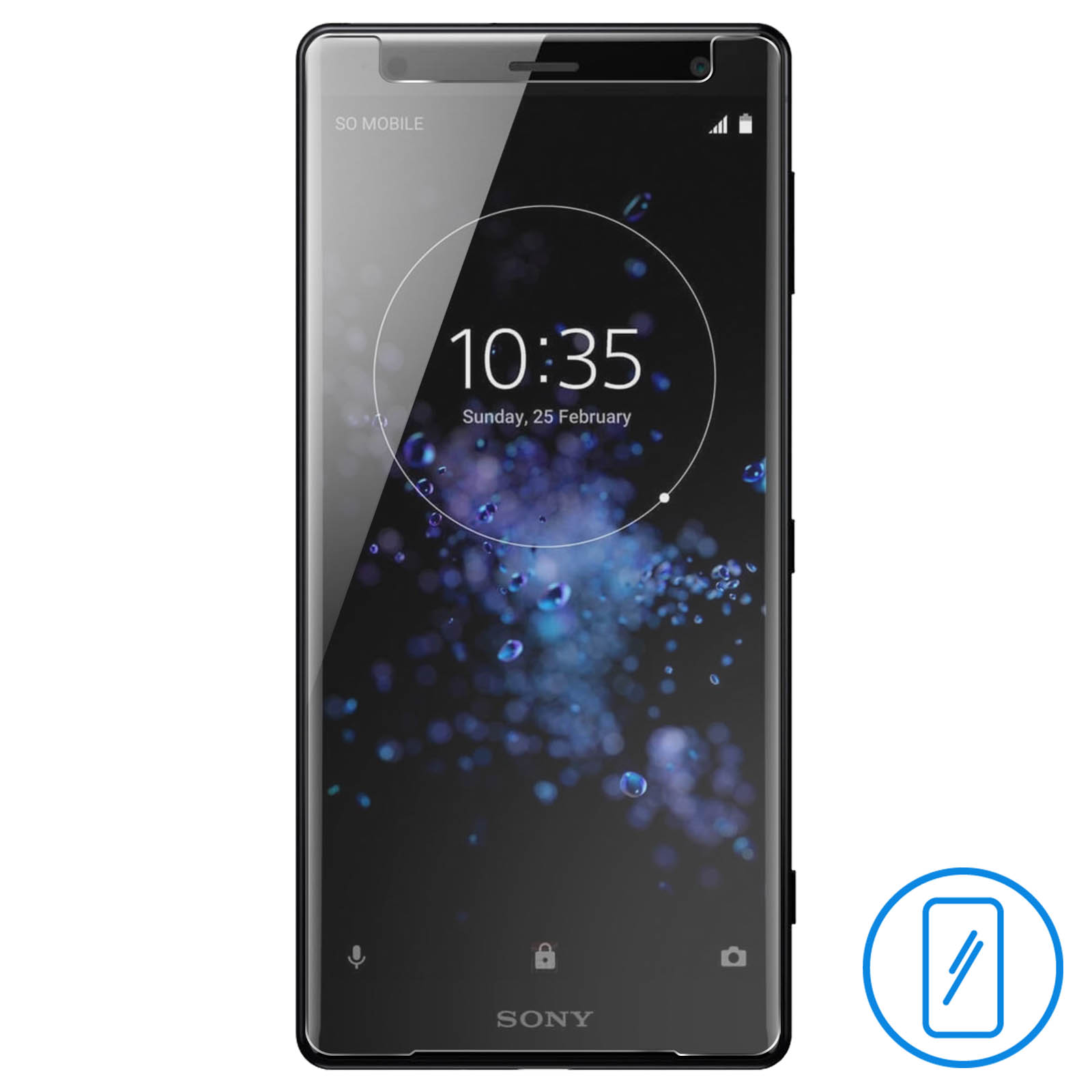 Uno smartphone nero mostra l'ora. Lo schermo ha un design a gocce d'acqua.