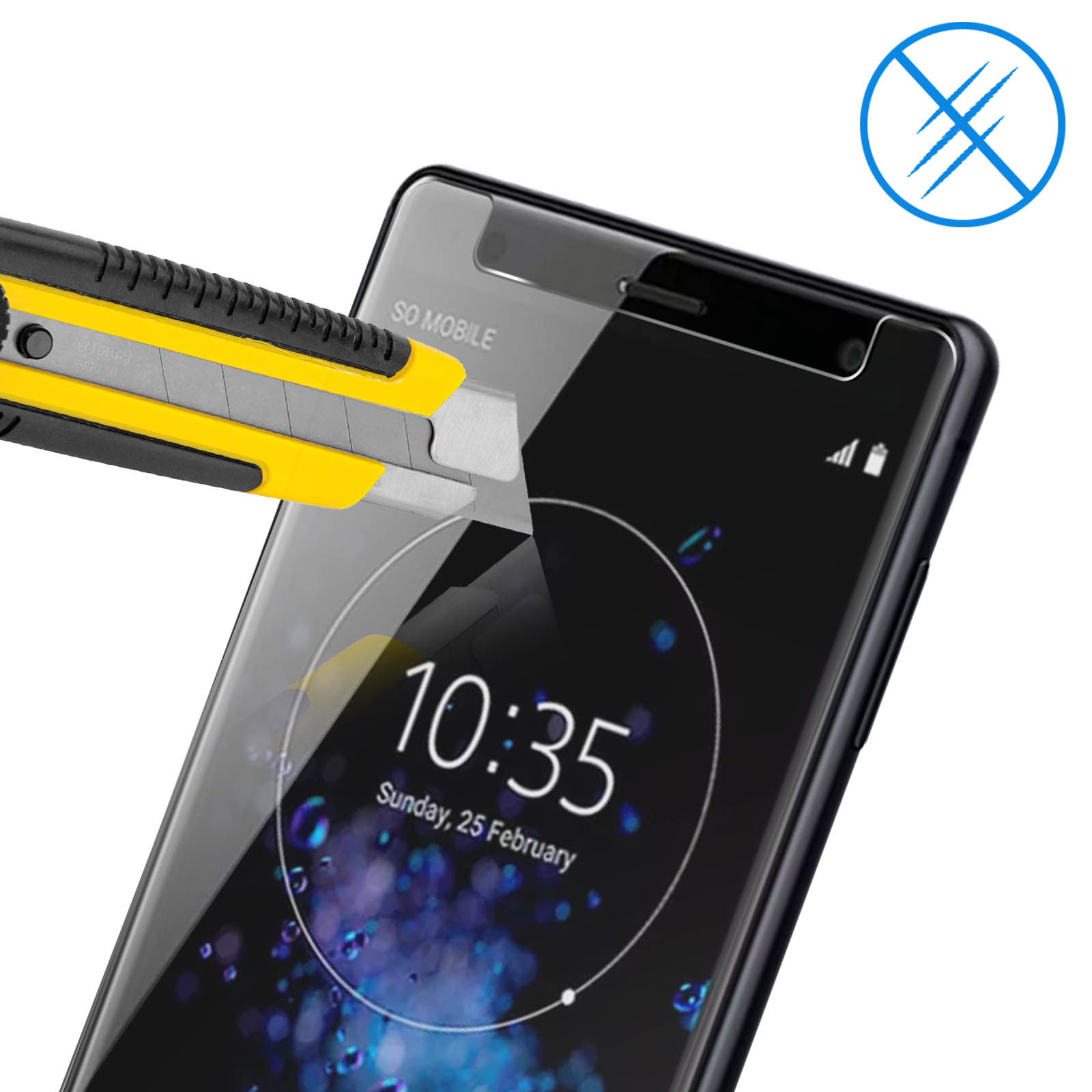 Schermo del telefono tagliato con un taglierino. Un segno blu nell'angolo in alto a destra.