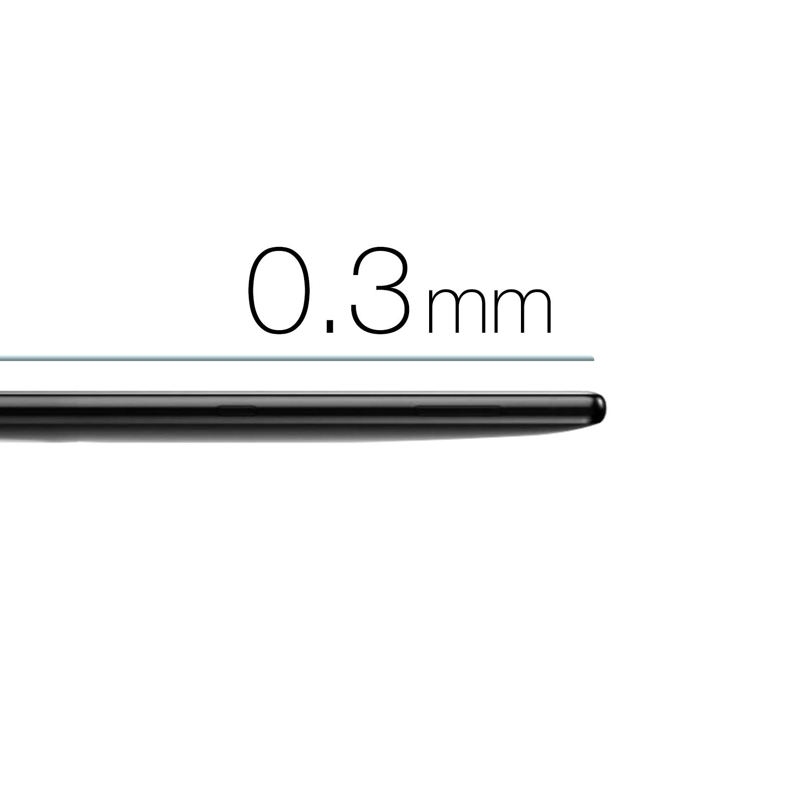 Primo piano del lato di un telefono nero, che mostra lo spessore di 0,3 mm, sfondo bianco.
