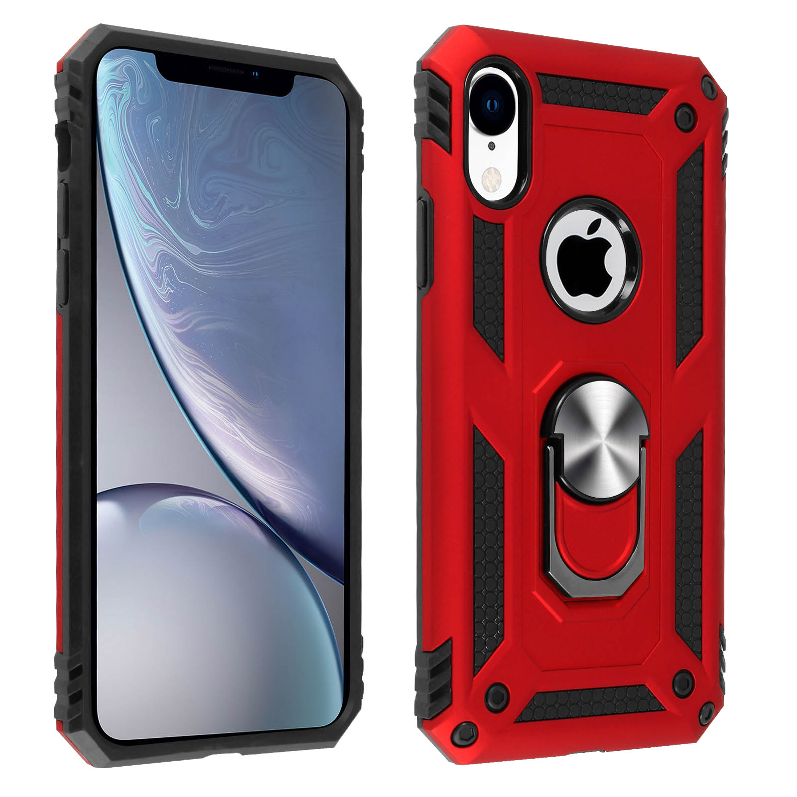 Custodia per iPhone rossa e nera. Il retro ha un supporto ad anello. Il telefono è visibile. Design robusto con angoli rinforzati.