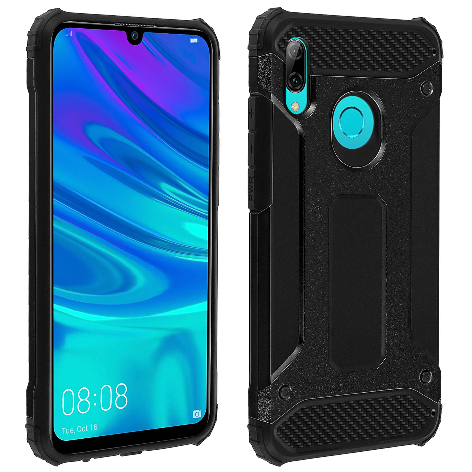Schwarze Handyhülle, offen. Telefonbildschirm an, zeigt Zeit und Datum. Schwarze, robuste Hülle.