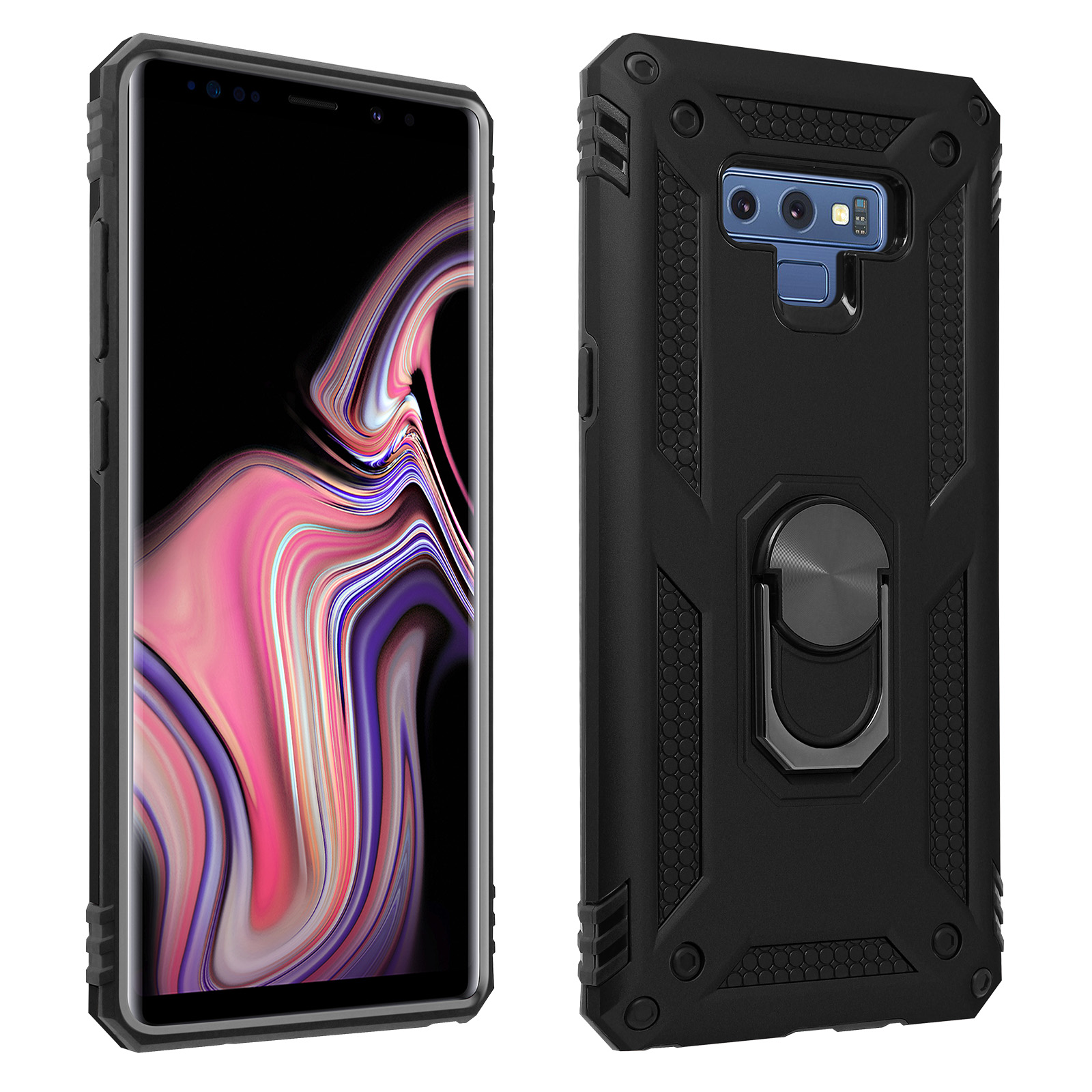 Telefono nero con custodia nera robusta con supporto ad anello.