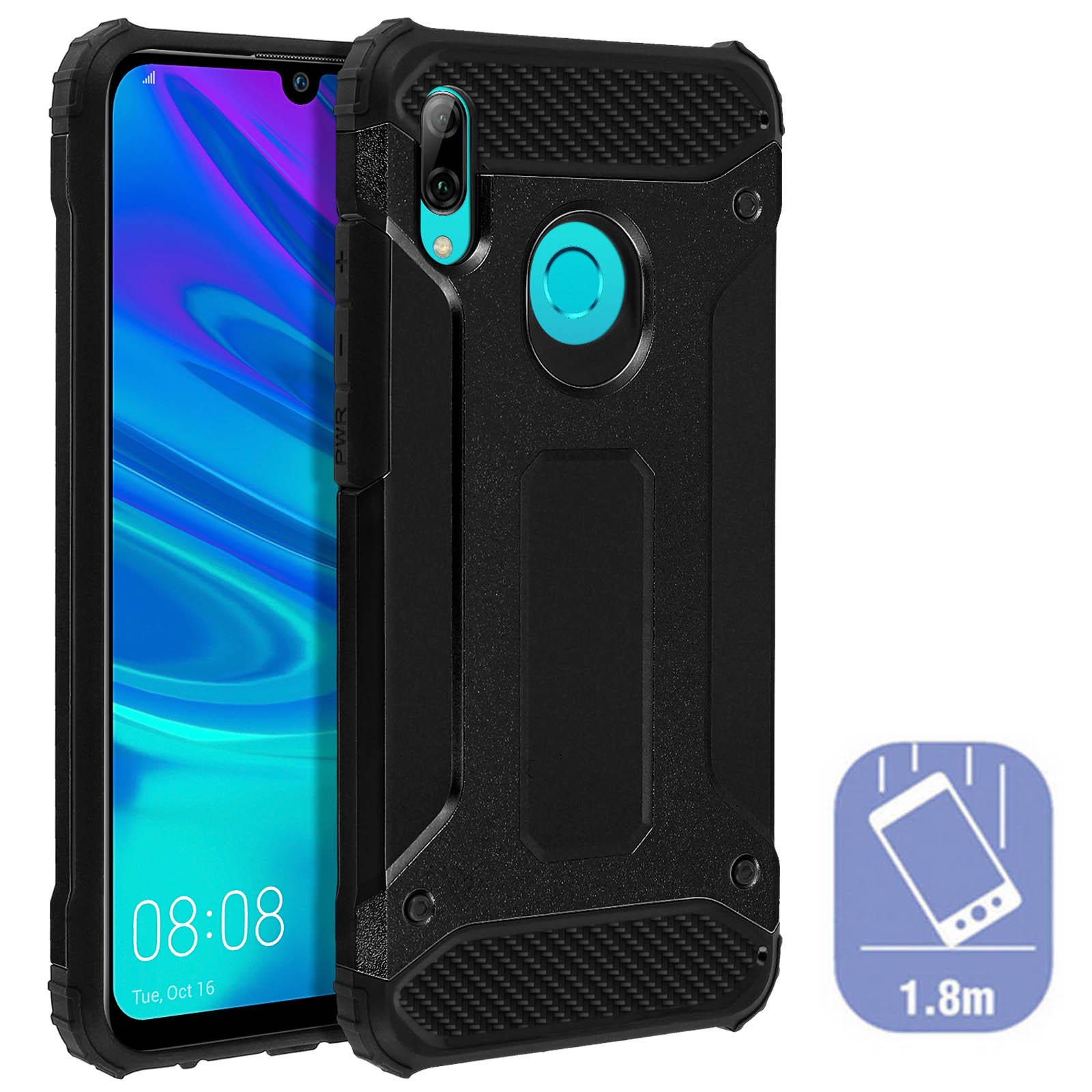 Schwarze, robuste Handyhülle. Ein Telefon ist darin. Zeigt ein Fallschutzsymbol.