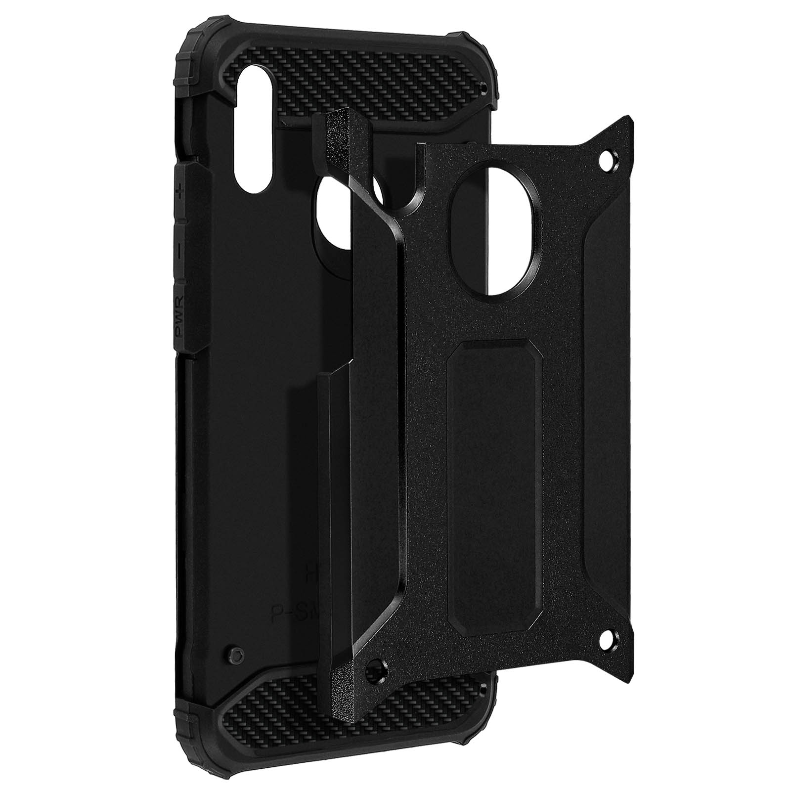 Schwarze Handyhülle mit abnehmbarem, strukturiertem und robustem Design.