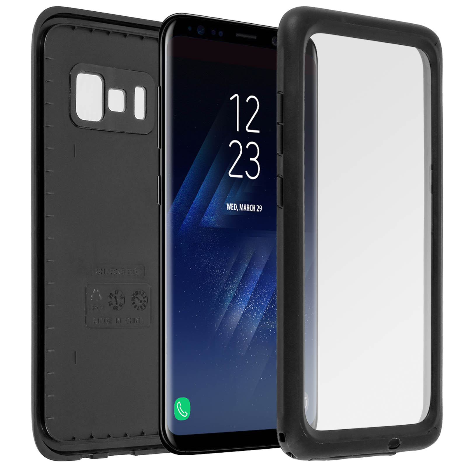 Telefono separato da una custodia nera. Lo schermo mostra l'ora e la data.