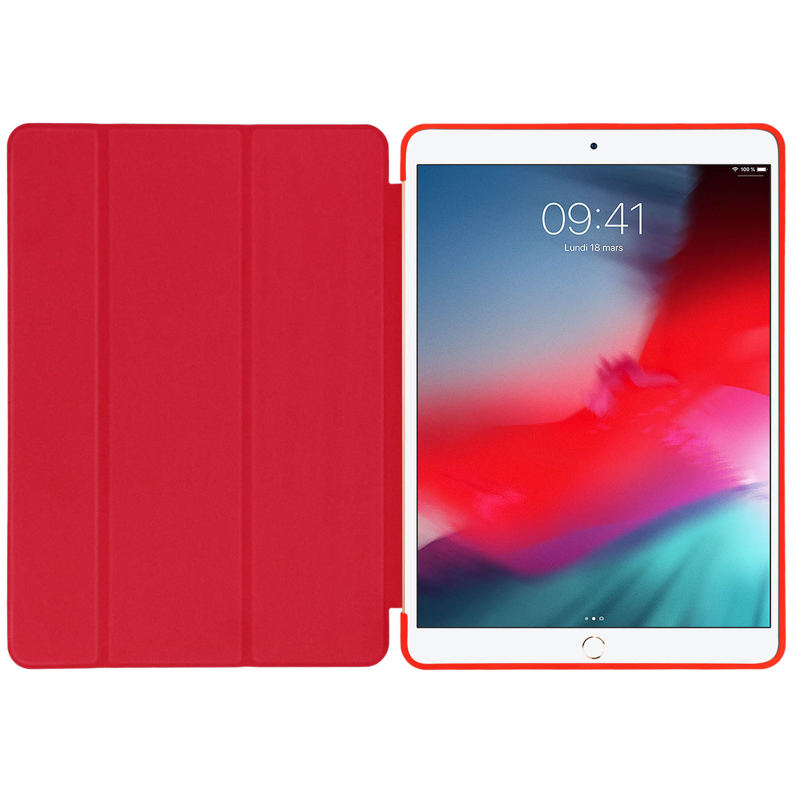 Custodia iPad rossa, aperta e chiusa, mostra lo schermo dell'iPad.