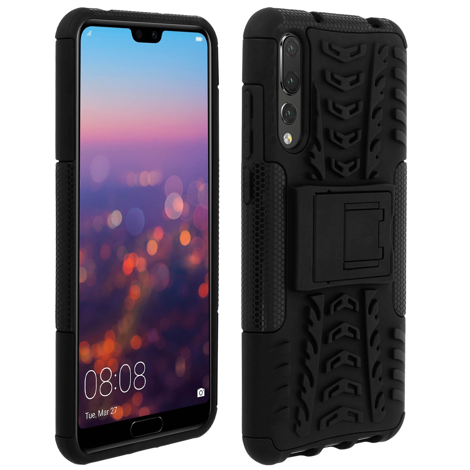 Due viste di una custodia nera per telefono con cavalletto e design robusto.