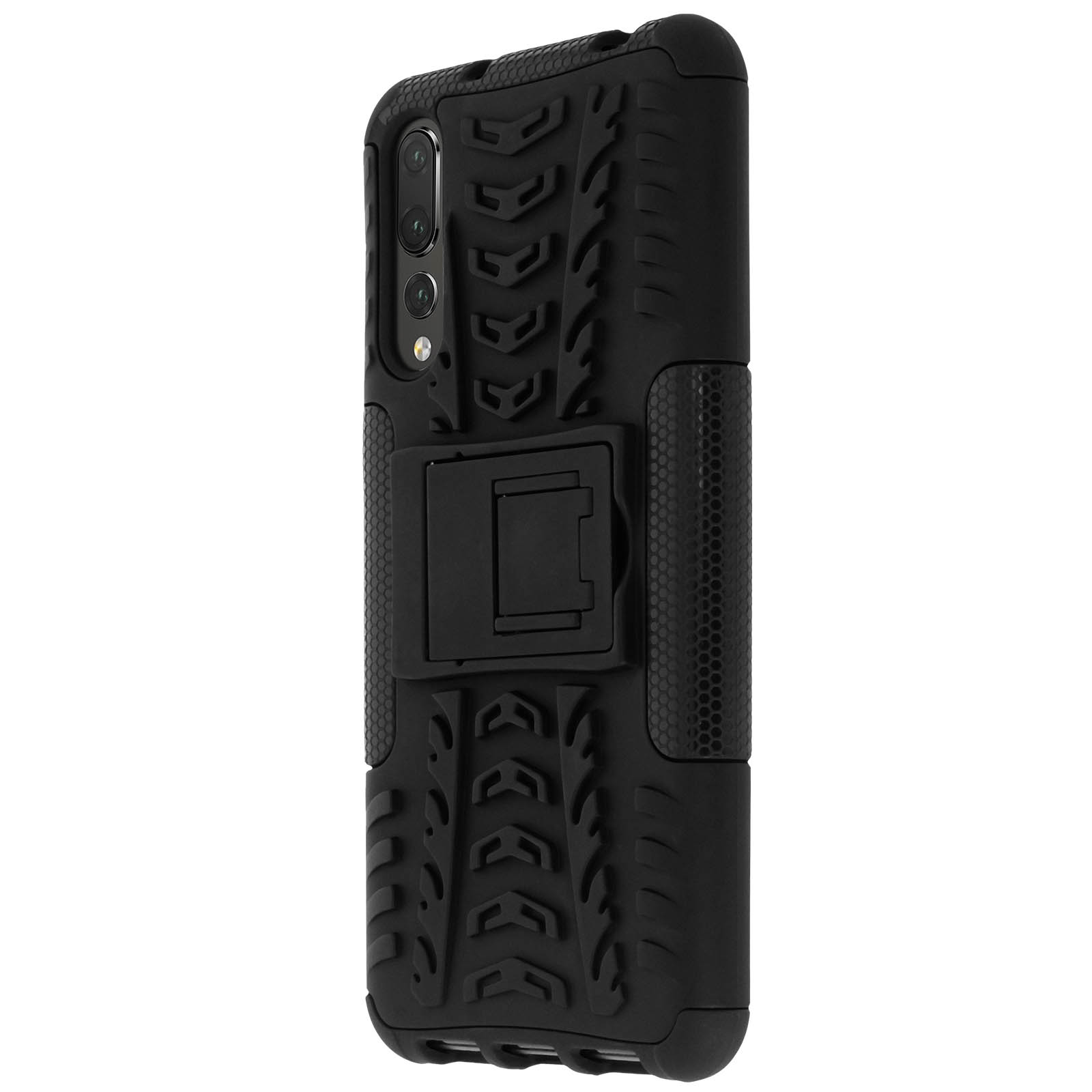 Custodia per telefono nera con design strutturato e cavalletto. Mostra il retro del telefono.