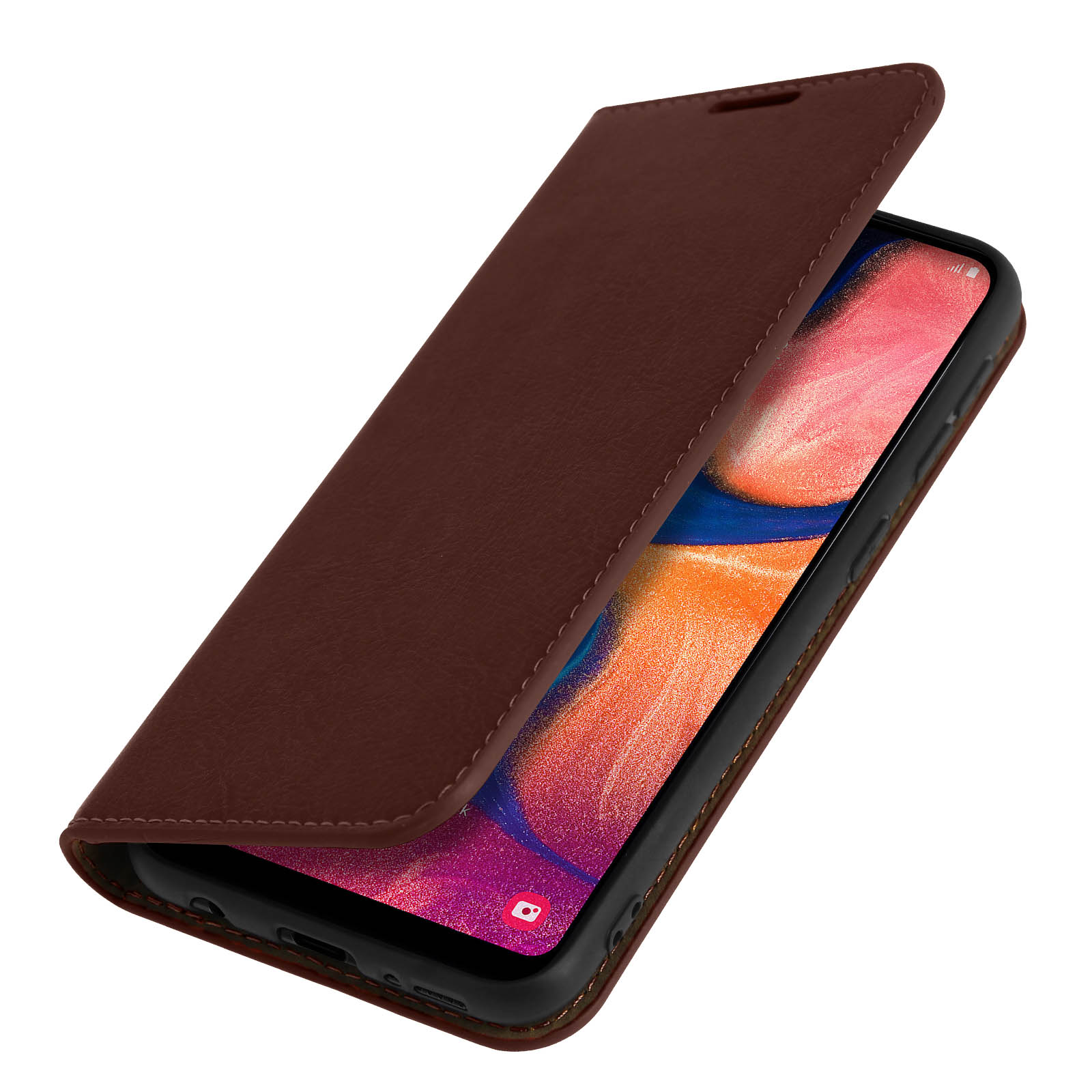 Eine braune Handyhülle, geöffnet, zeigt einen Telefonbildschirm. Das Telefon ist braun und schwarz.