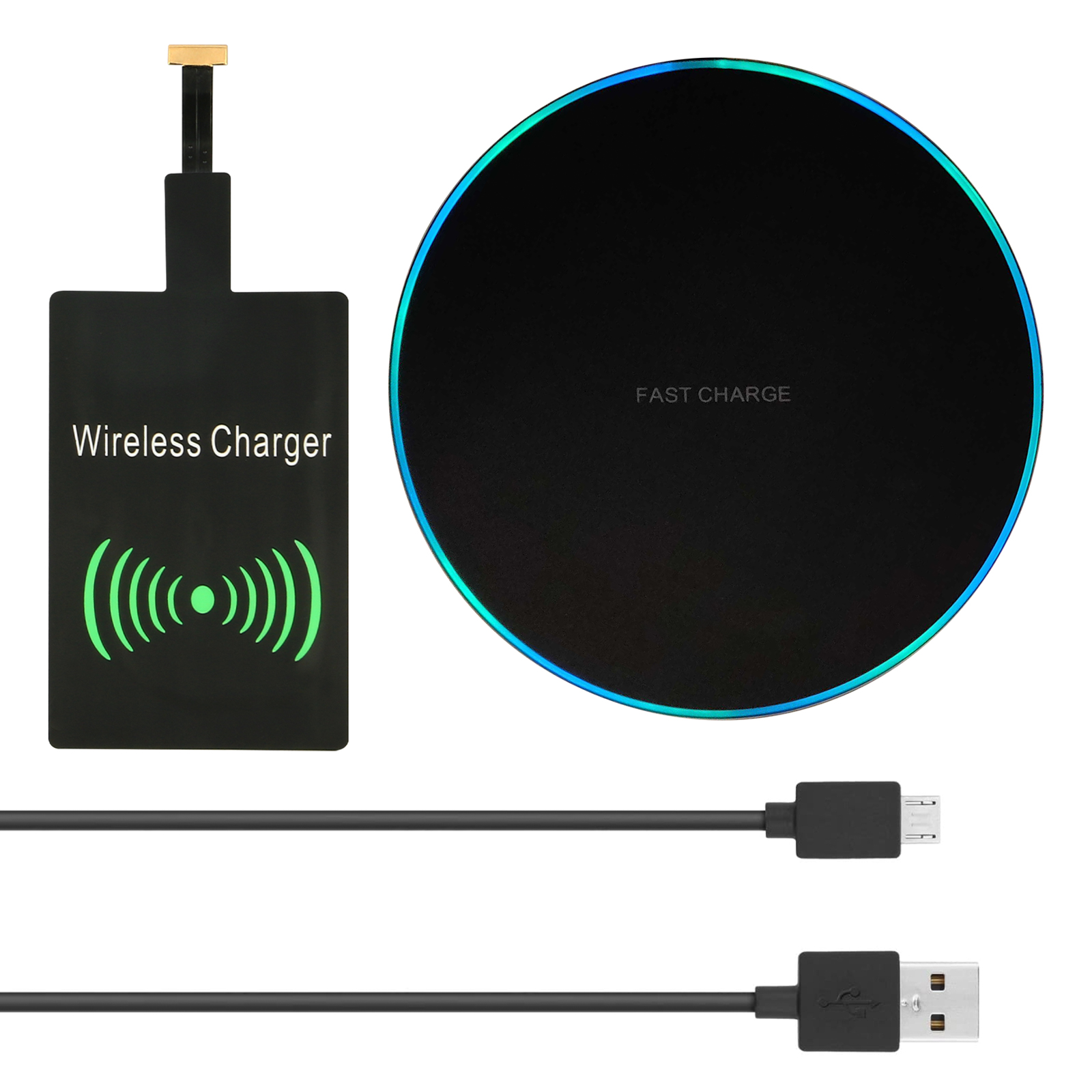 Kabelloses Ladegerät und Ladefläche. USB-Kabel und Text: Wireless Charger und Fast Charge.