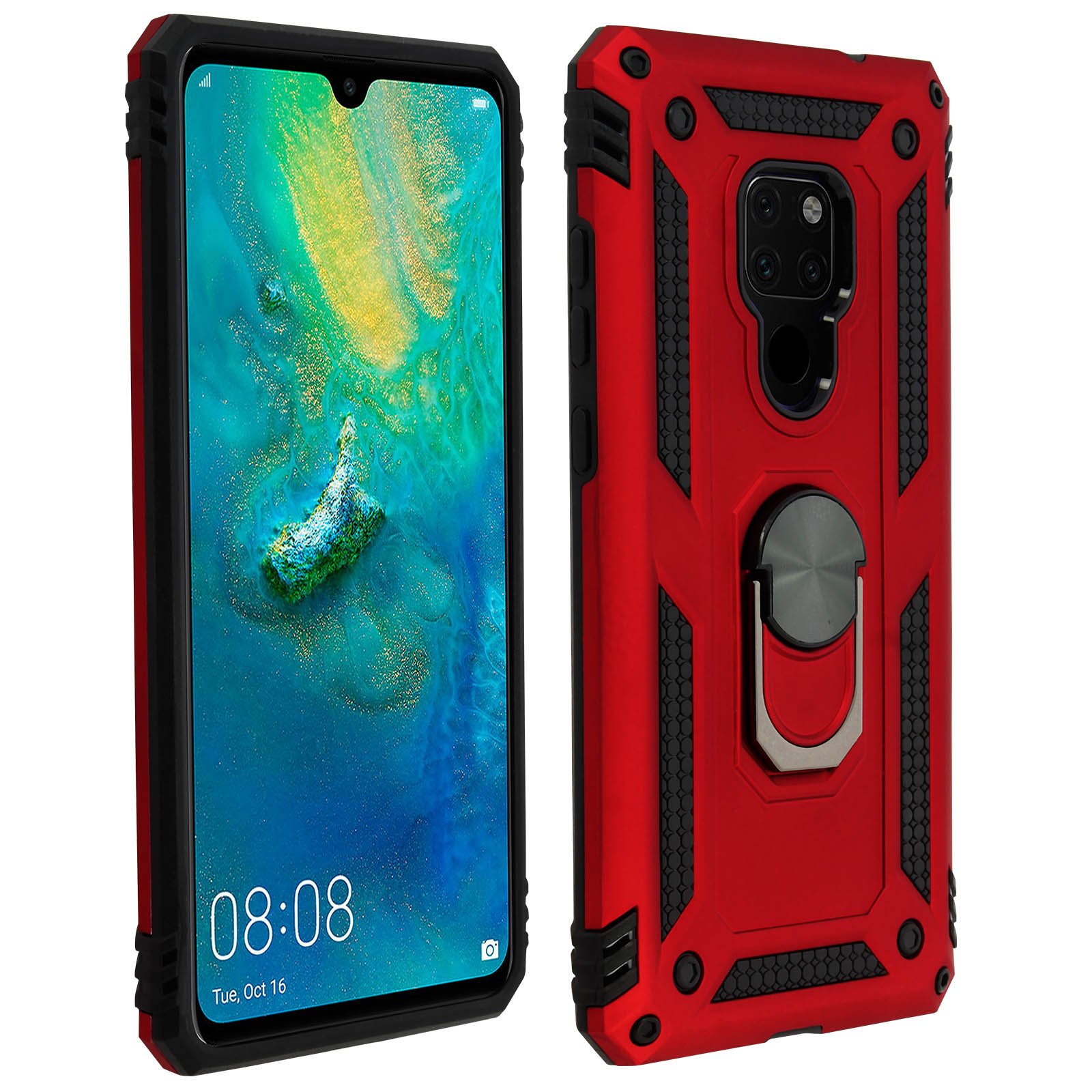 Coque de téléphone rouge et noire avec une bague argentée à l'arrière. L'écran du téléphone affiche une image colorée.
