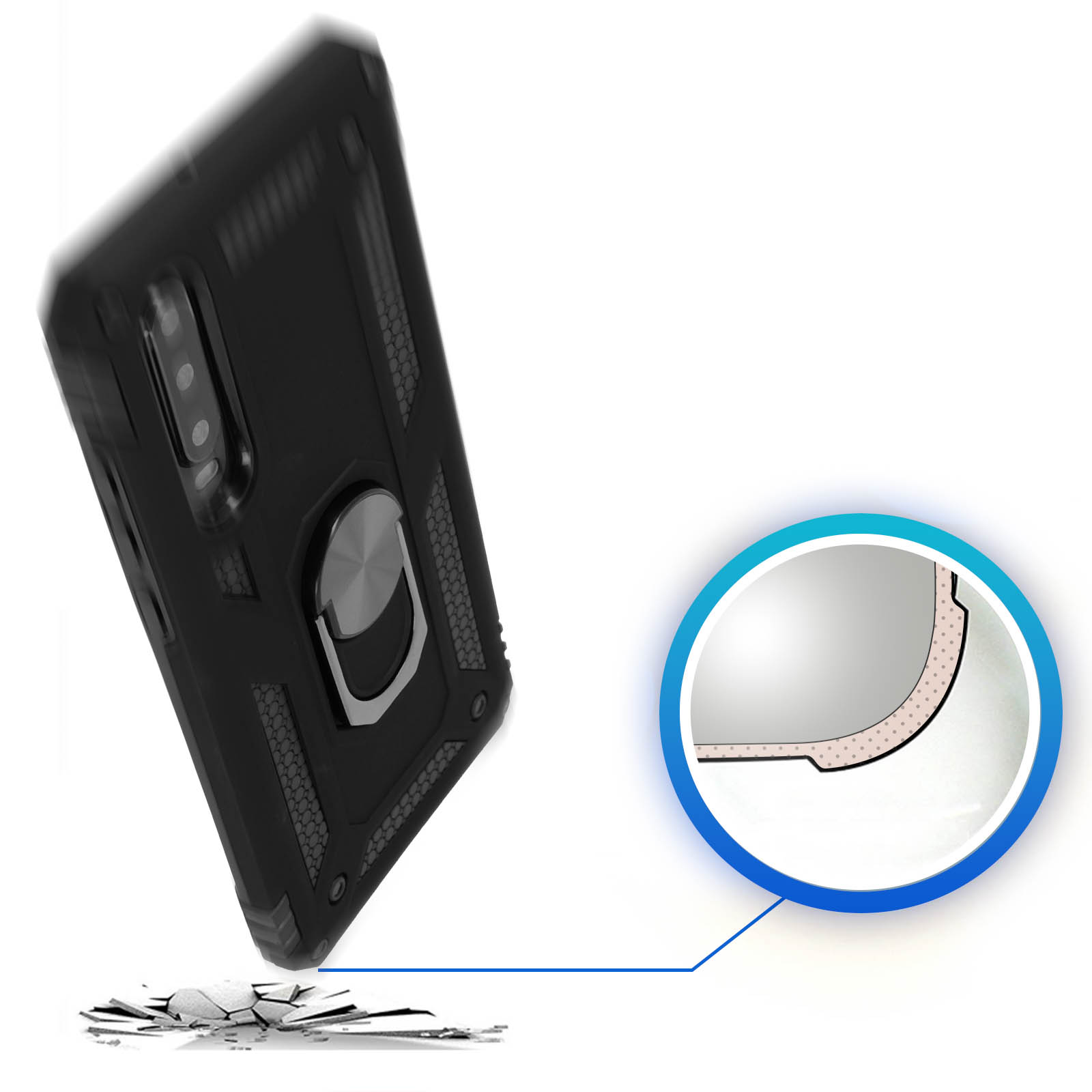 Een zwarte telefoonhoes ligt op de grond. Een close-up toont een ringgreep aan de achterkant.