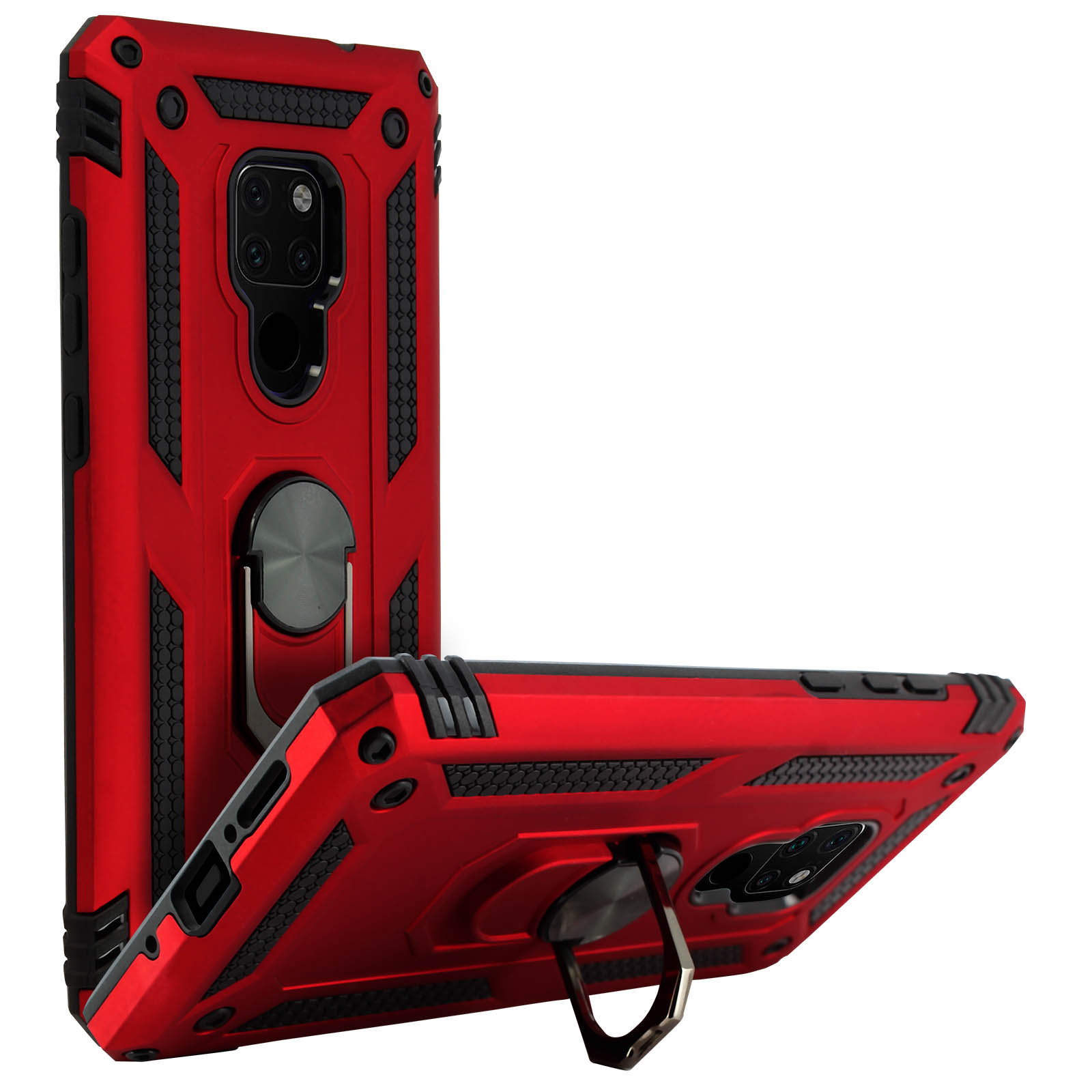 Coque de téléphone rouge avec support à anneau. Deux coques sont montrées, une debout.