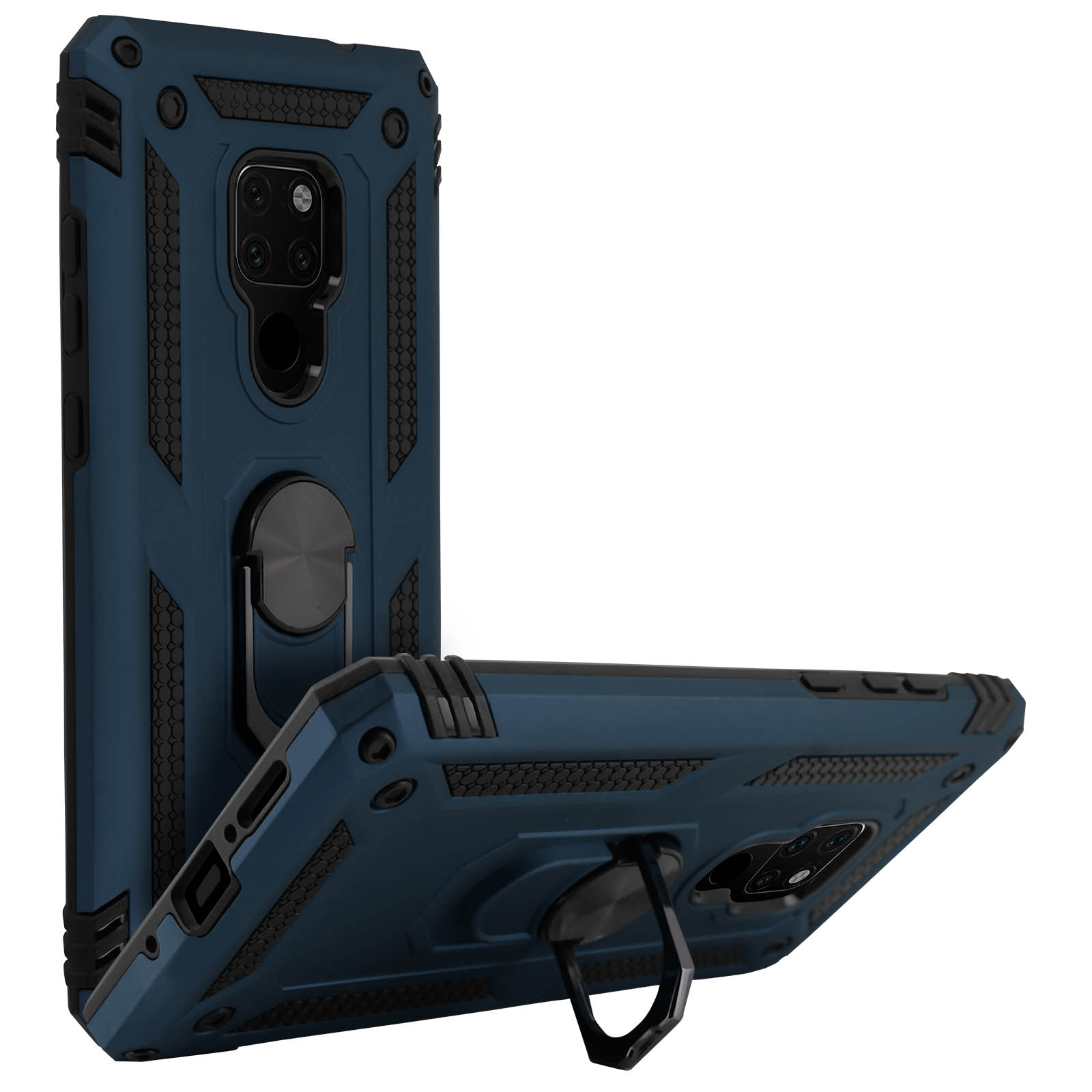 Custodia blu per telefono con supporto ad anello, due telefoni visibili.
