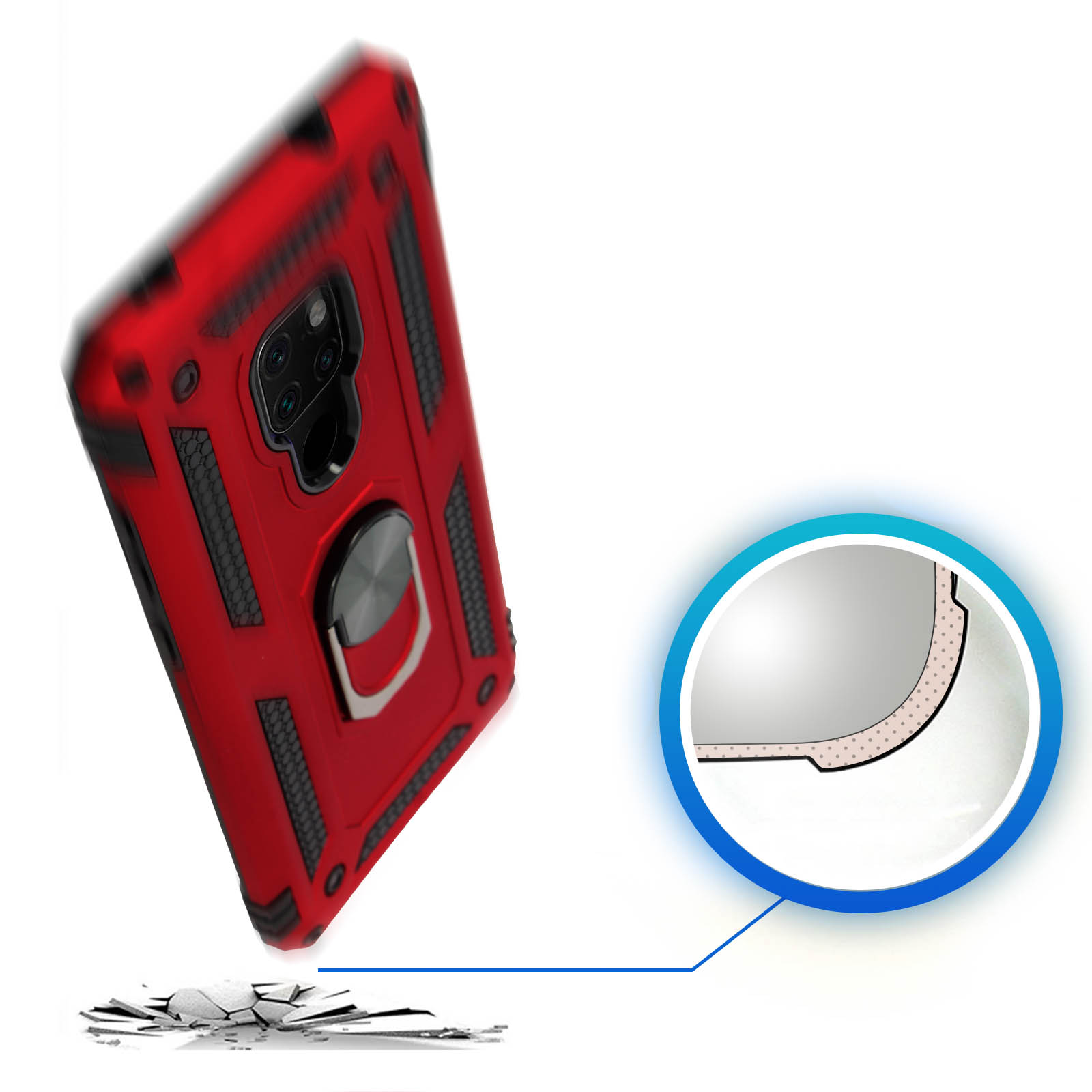 Coque de téléphone rouge avec support annulaire. La coque tombe.
