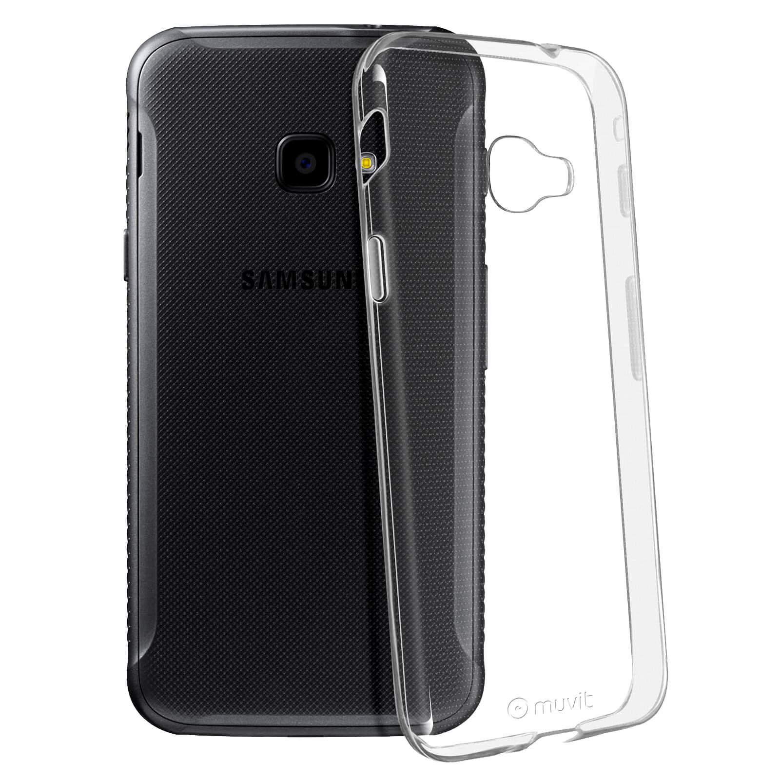 Telefono Samsung nero con custodia trasparente. La custodia è a lato.