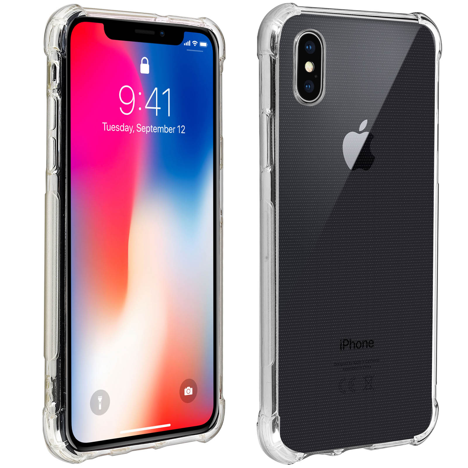 Custodia trasparente per telefono, che mostra il telefono. Schermo visibile. Sfondo bianco.