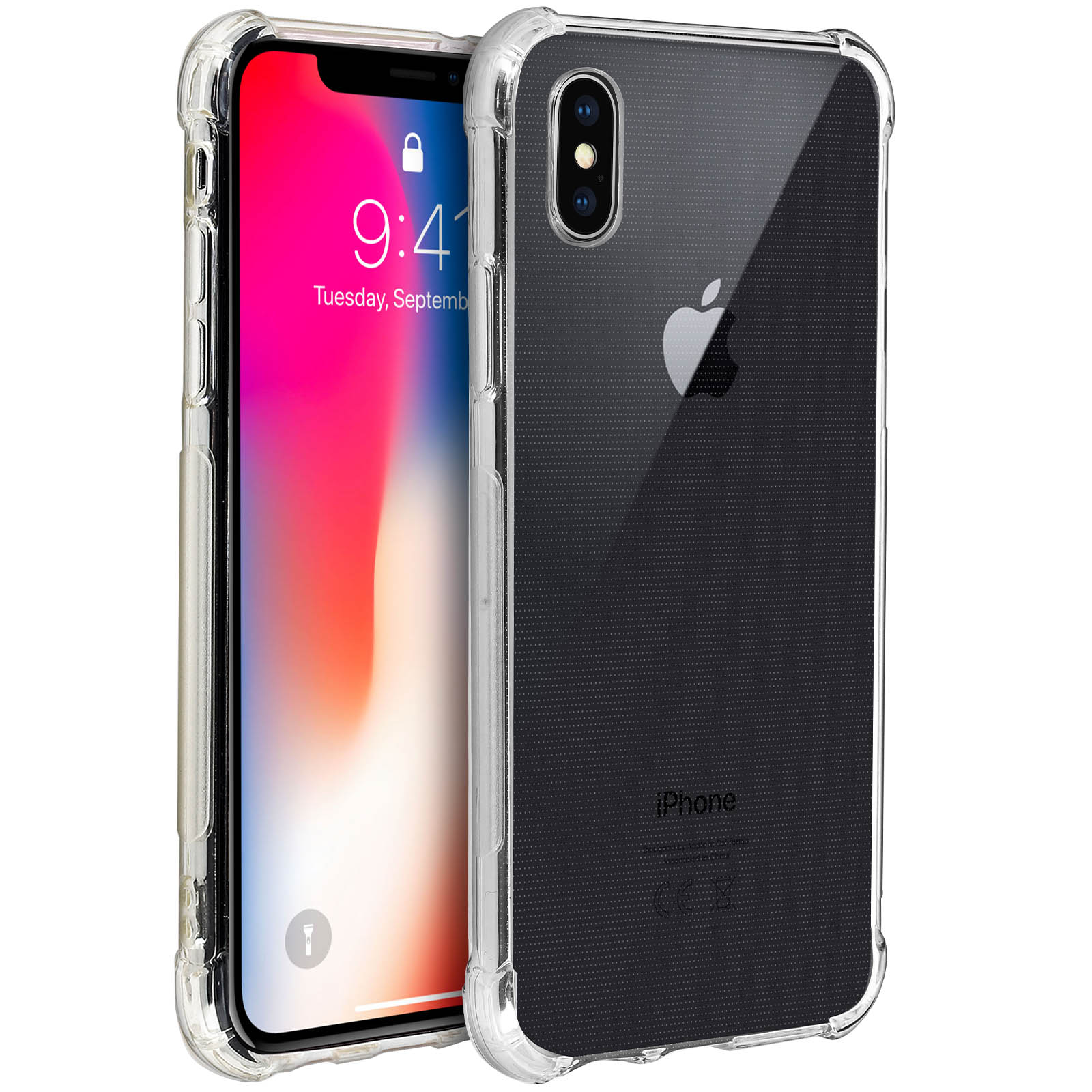 Una custodia trasparente per telefono mostra un iPhone. La custodia ha angoli rinforzati.