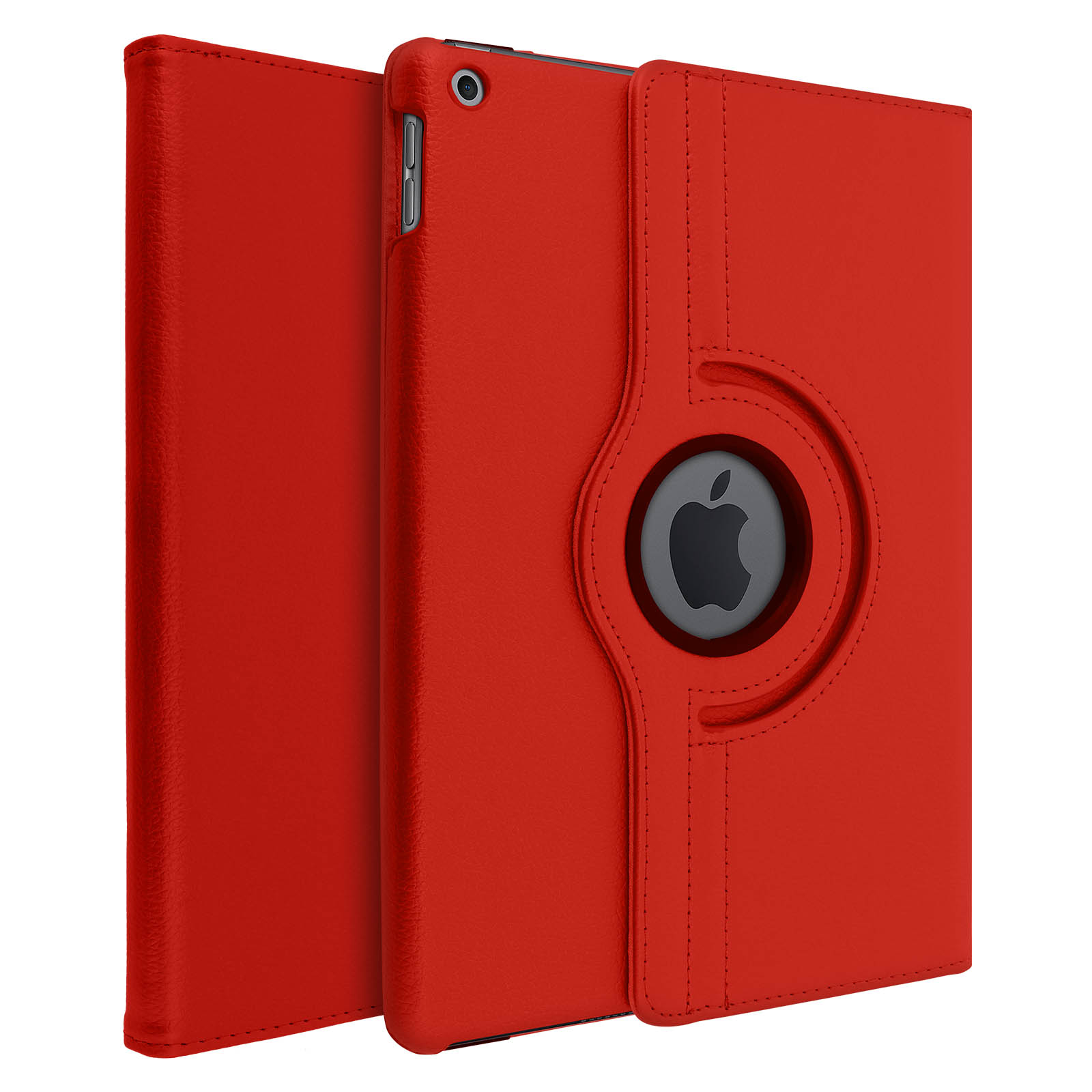 Custodia rossa per iPad, aperta. Mostra l'interno con il logo Apple. Supporto girevole. Copertura rossa similpelle.