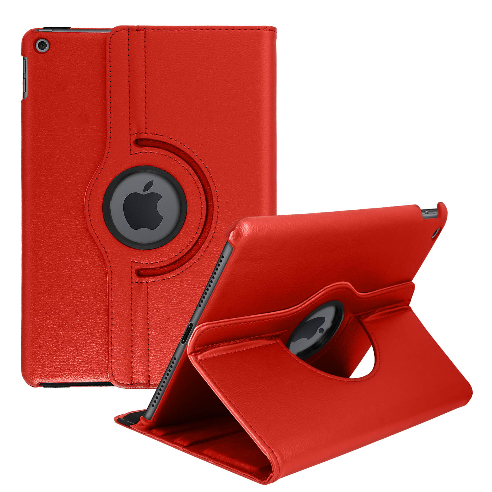 Custodia iPad rossa. Due viste, logo Apple visibile.