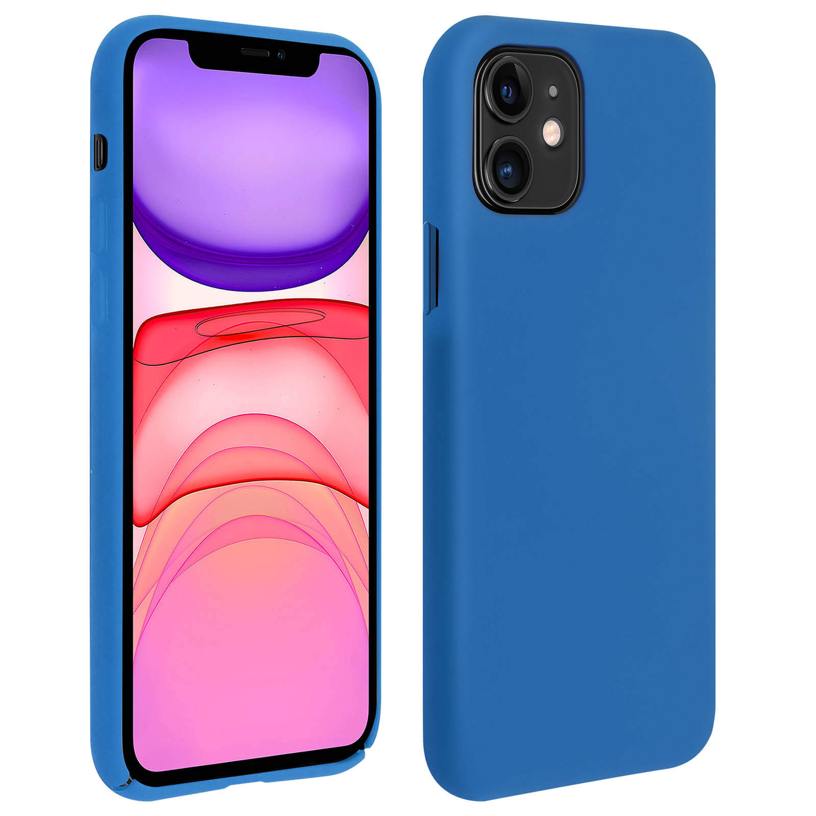 Deux coques de téléphone bleues, une avec un téléphone à l'intérieur. Le téléphone a un écran violet.