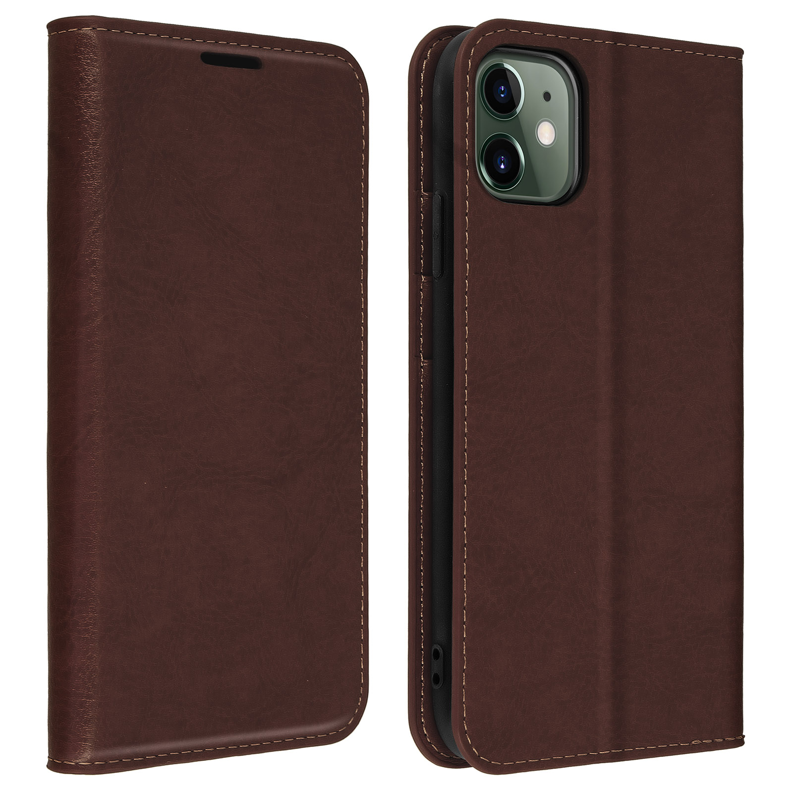 Étui de téléphone en cuir marron, fermé et ouvert. Montre le téléphone à l'intérieur.