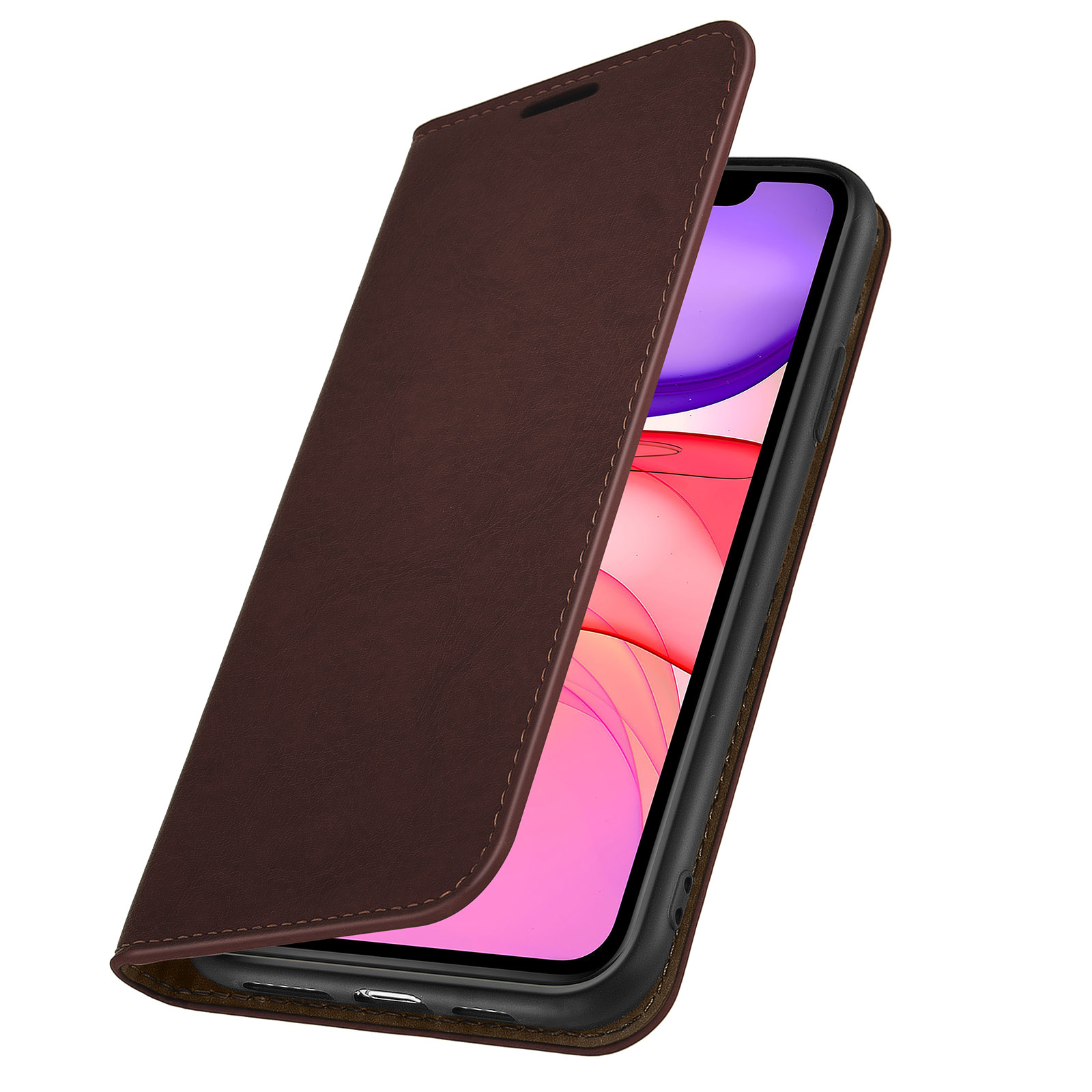 Étui en cuir marron, ouvert, avec un téléphone à l'intérieur.