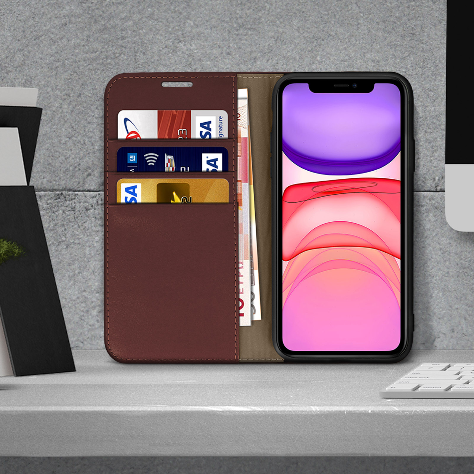 Custodia A Portafoglio In Pelle Marrone Per IPhone 12 – Decoded Folio Magnetico Con Cover Rimovibile E Supporto, Protezione TPU Antiurto