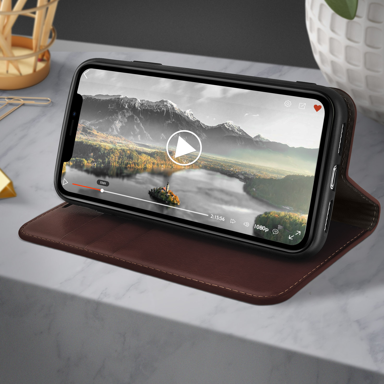 Suncase - Custodia in pelle compatibile con iPhone 14 (6,1