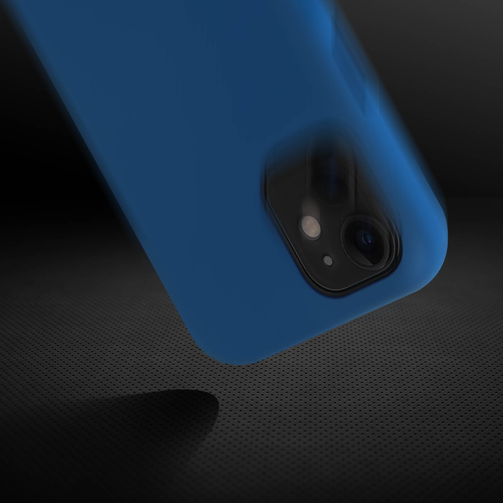 Dos de coque de téléphone bleu, avec effet d'ombre sur une surface noire pointillée.