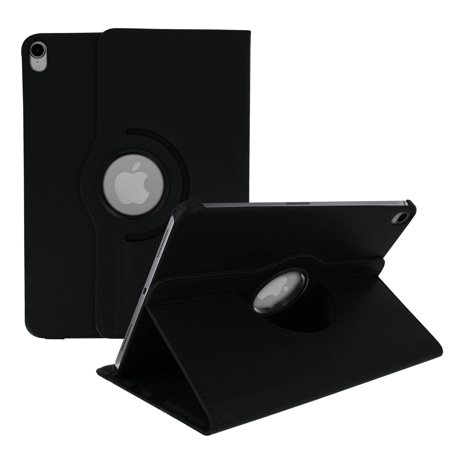 Custodia iPad nera in due posizioni. Una chiusa, una aperta con tablet all'interno. Logo Apple visibile.