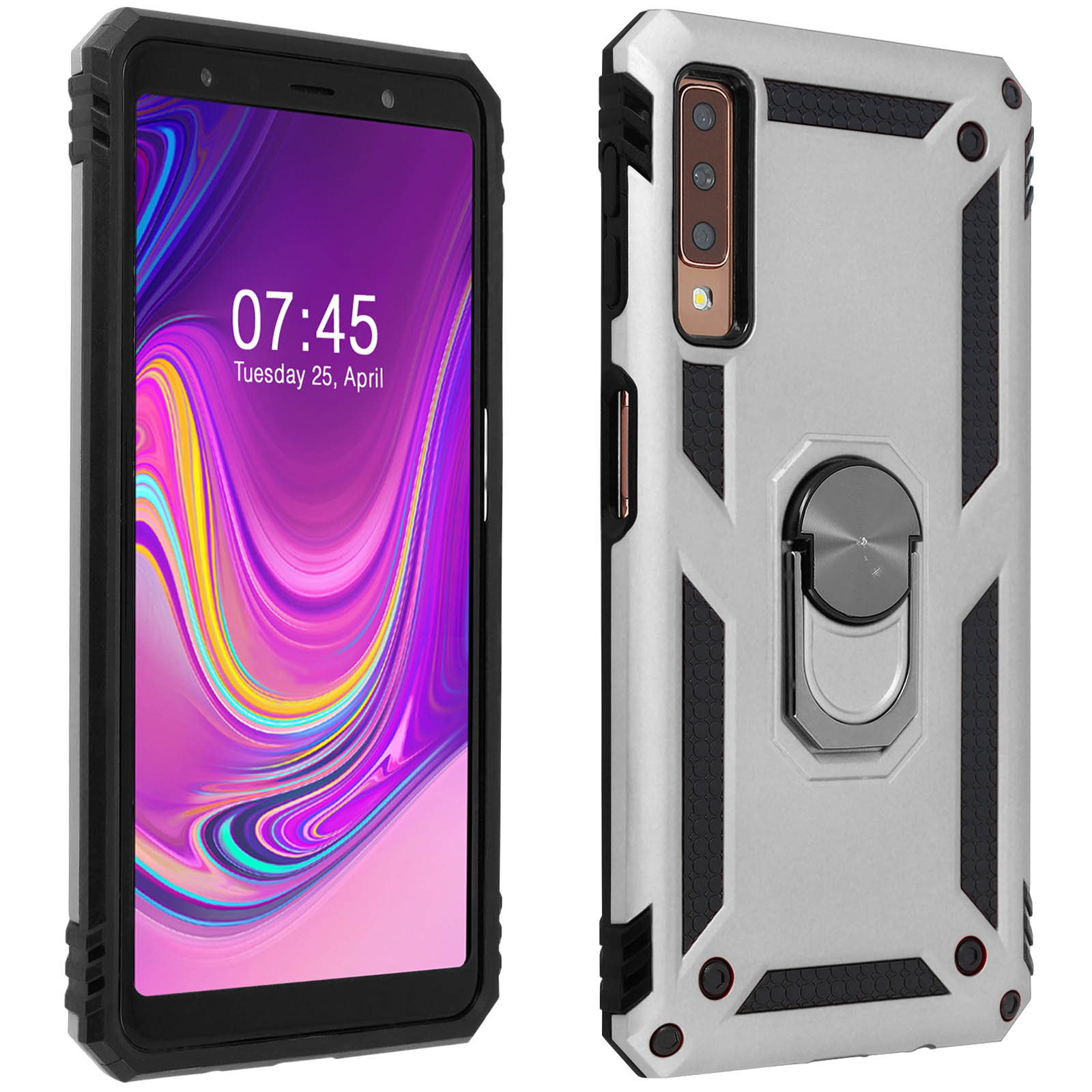 Graue und schwarze Handyhülle. Die Handyhülle hat einen Ringhalter. Das Telefon ist darin.