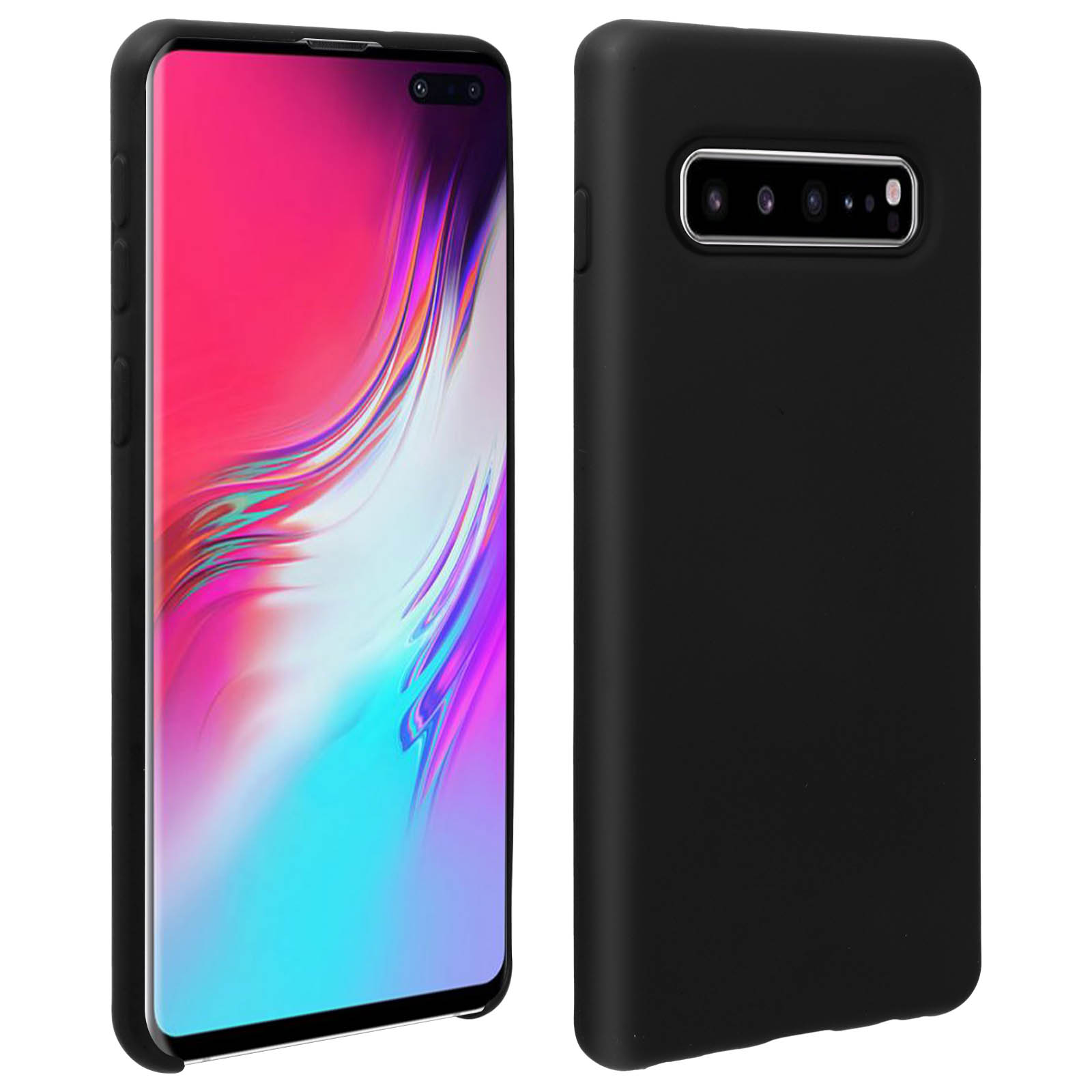 Un téléphone et son étui noir, avec un affichage d'écran coloré.