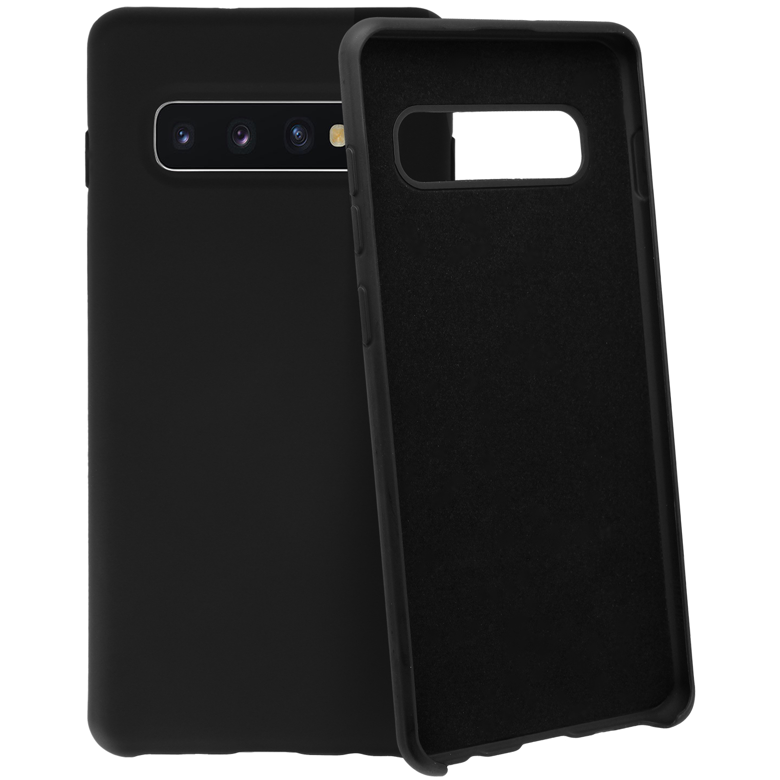 Coque de téléphone noire, présentée ouverte. L'intérieur est noir, avec un téléphone sur le côté gauche.
